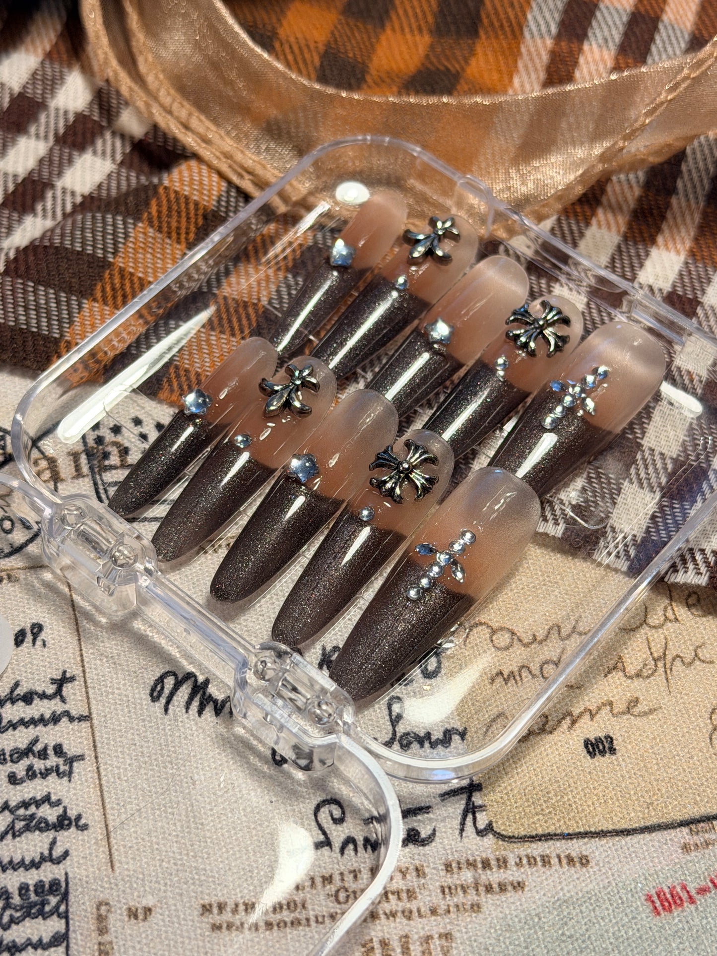 ONLY 1 Instock Designer False Nails Chrome Hearts Smoky Coffee Fine Shimmer French Style Long Press-On Nails(#889）