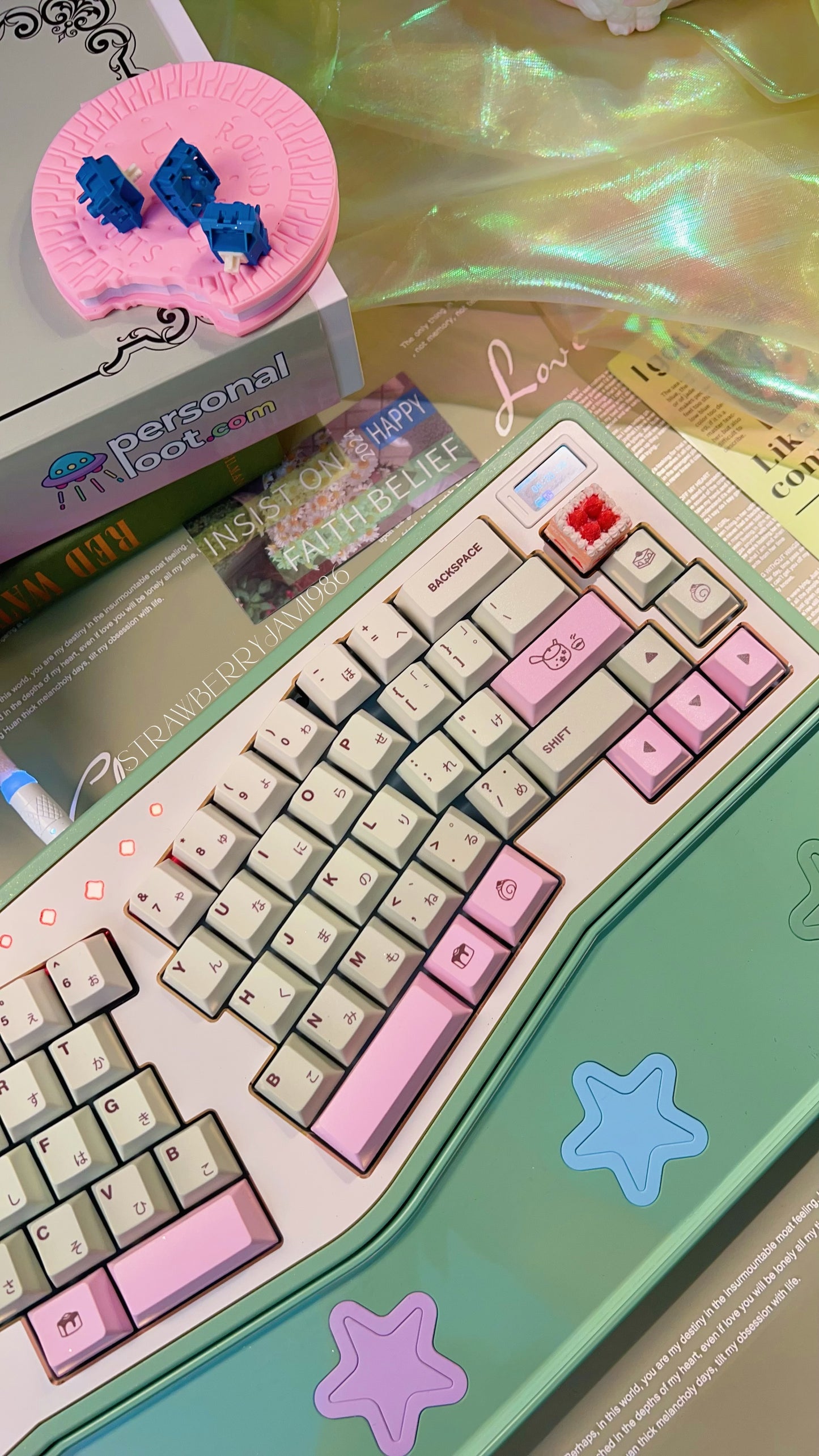 【Only 1 In-stock】Prebuilt StarAlice Ergonomic Green Pink Aluminum Customized Mechanical Keyboard with Wrist rest