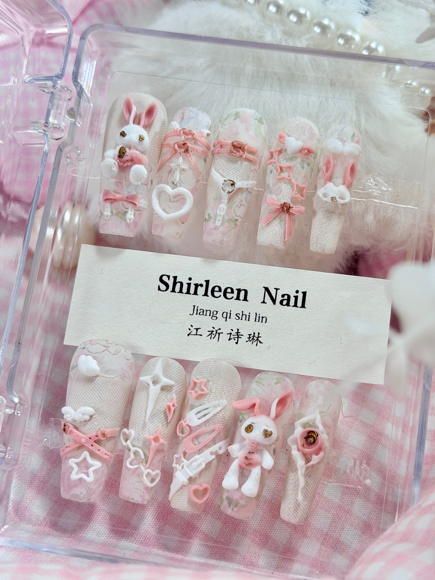 White Lace Pink Punk Bunny Bow 3D Pattern Press On Nails Long Coffin