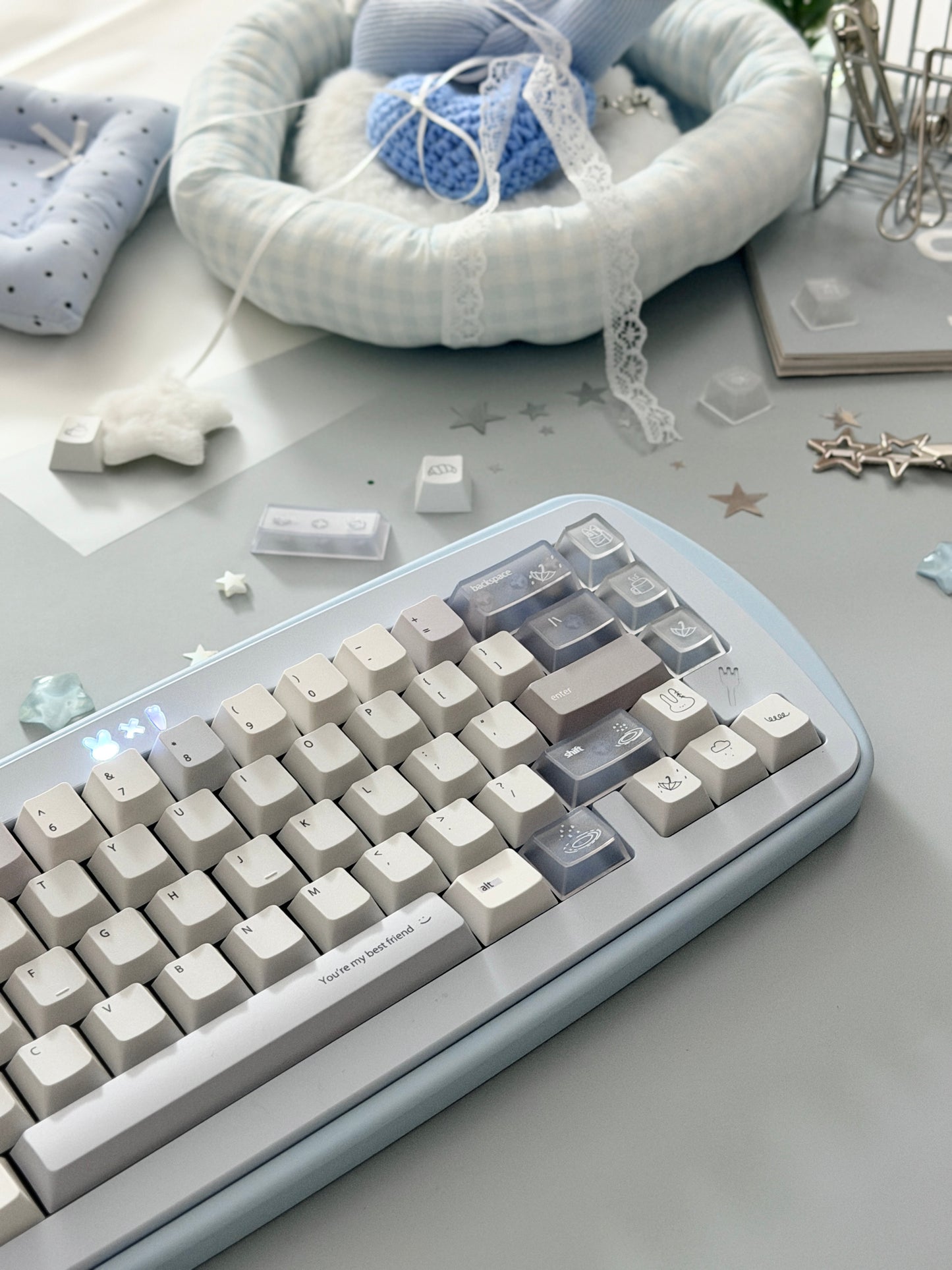 #0296 Minimalist Pale Blue White & Gray Keycap Set – Retro Japanese Style PBT Keycaps for Mechanical Keyboards Designed By Mochi Lab