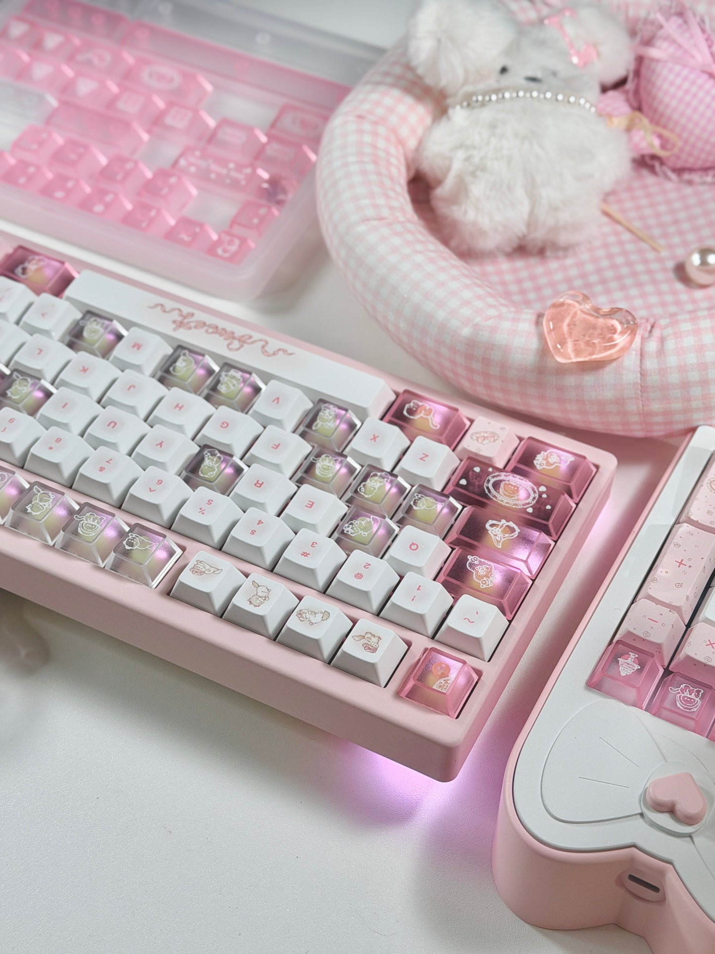 ONLY 1 Instock Prebuilt Aluminum Custom Mechanical Keyboard Pale Pink Meletrix ZOOM TKL DYNA Cat Keycap Set & Bow Pad