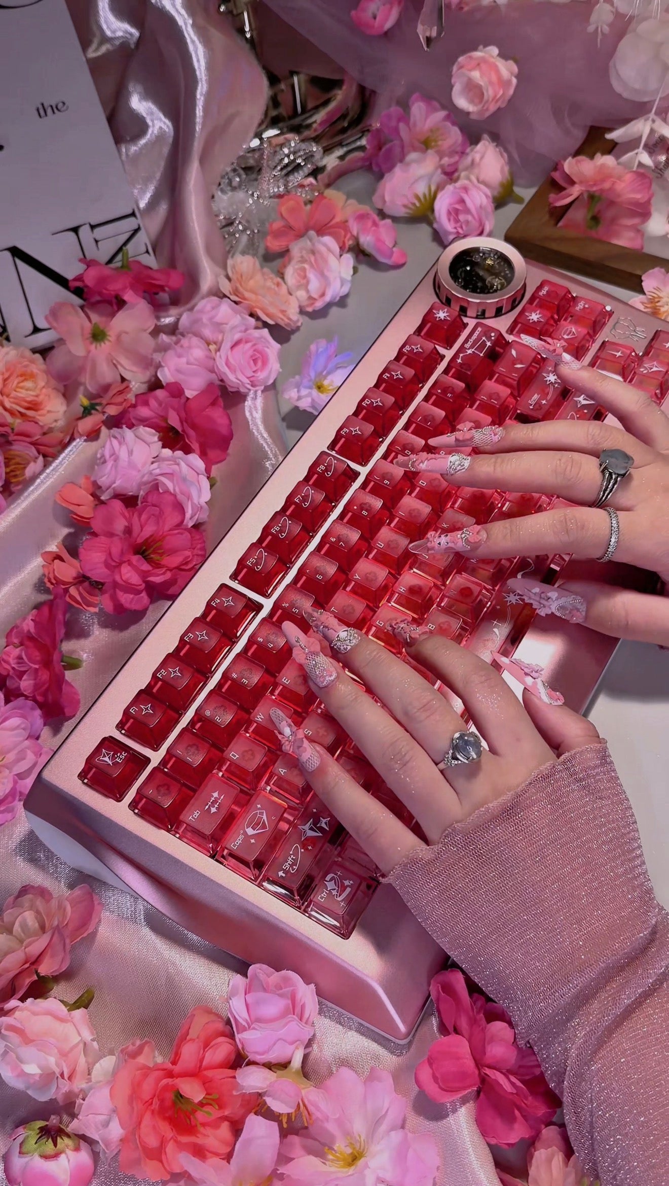 Pink Princess Bow Lace Flower Matte Finish Press On Nails Long Y05 With Pearl Beads Diamond Decor