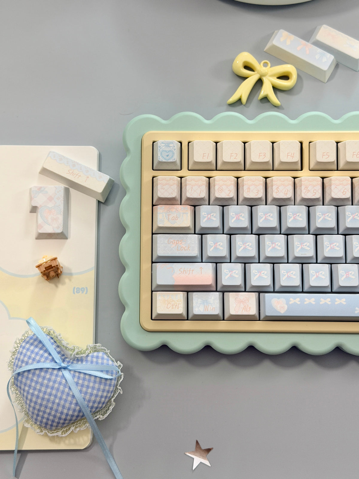 #0303 Aqua Lace Dream Garden Keycaps | Kawaii Pastel Floral & Bow PBT Keycap Set