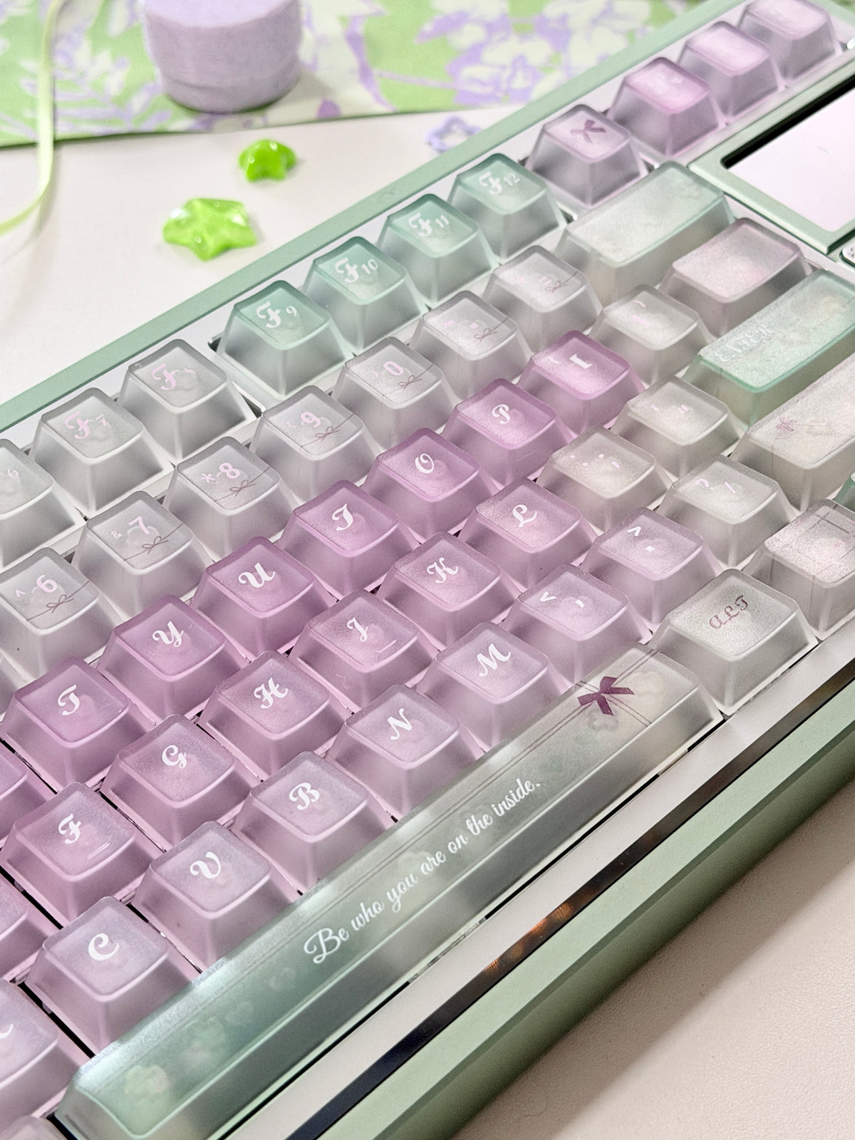 #0318 Lavender Mint Garden Transparent Keycaps Set | Pastel Purple & Sage Green Cute Floral Mechanical Keyboard Keycaps