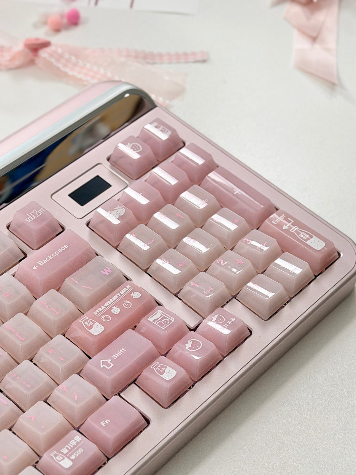 #0308 SoulCat Pink Strawberry Milk Jelly PC Keycap – Cute Romantic Keycap for Mechanical Keyboards, Kawaii Pink Cherry MX Keycap