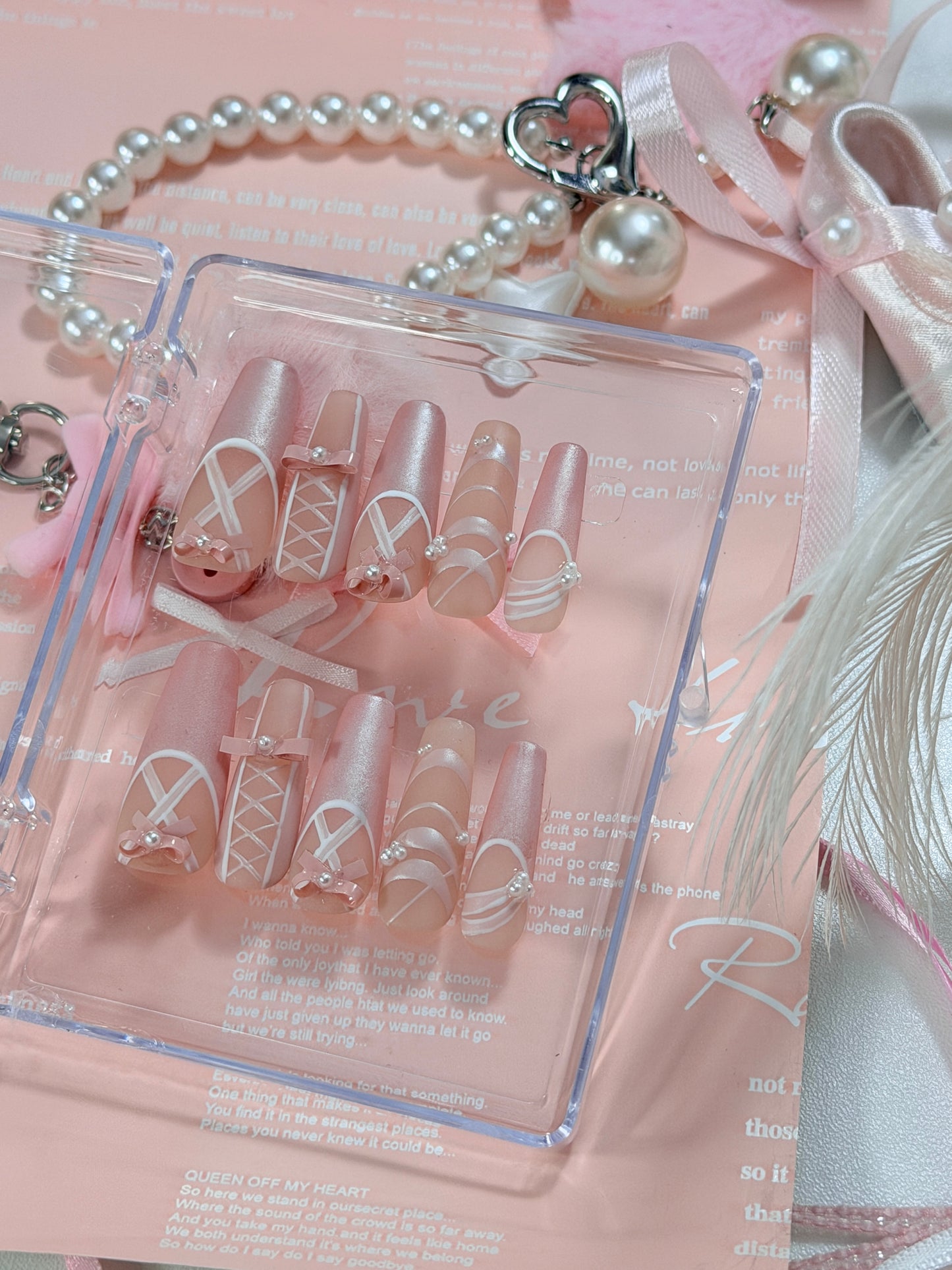 Pearl Pink Ballet Lace Bow Pattern Press On Nails Long Coffin