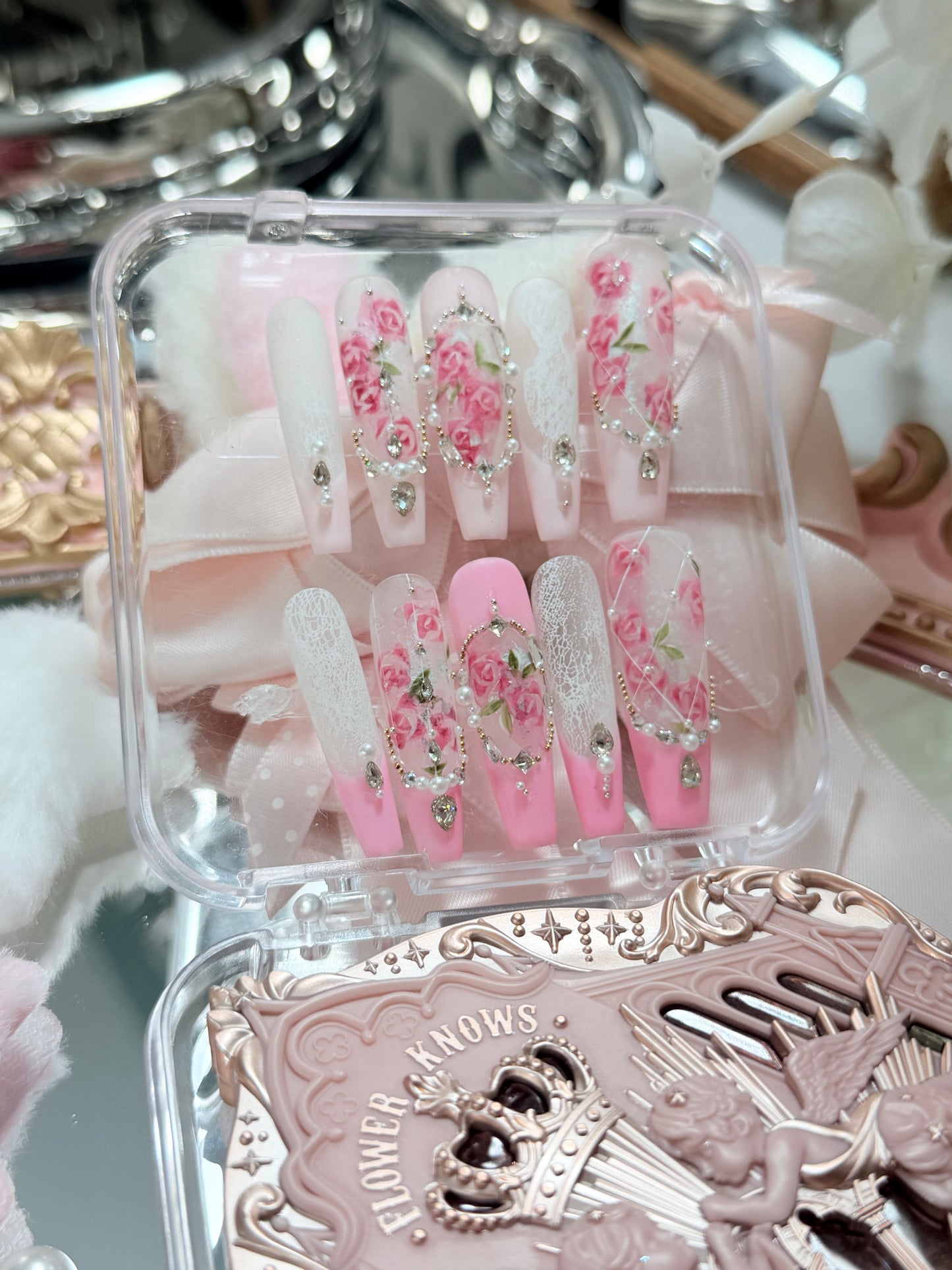 Barbie Pink Lace Flower Matte Finish Press On Nails Long Coffin Handmade With Diamond Pearl Beads