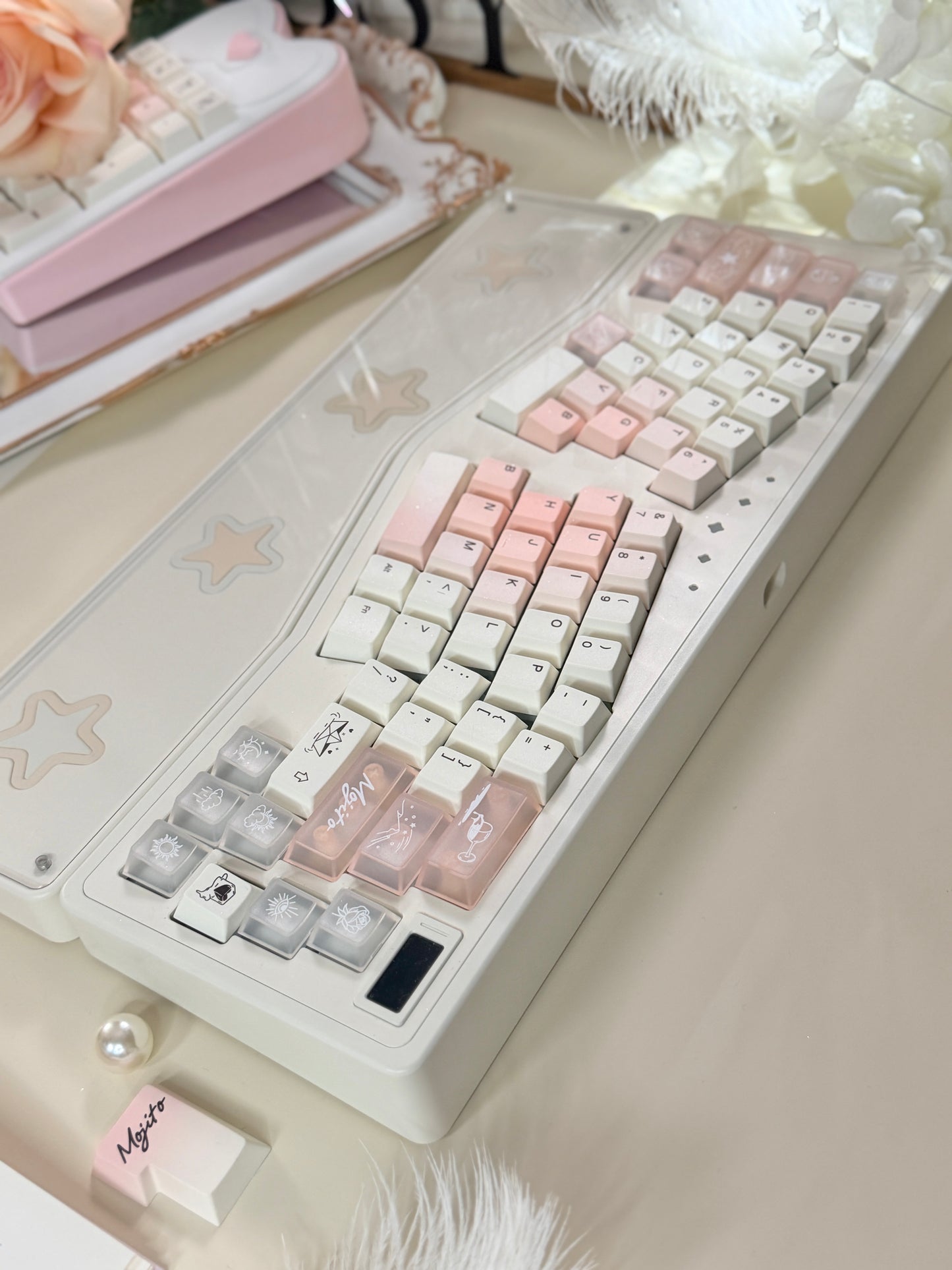ONLY 1 Instock Prebuilt Aluminum Customized Mechanical Keyboard Staralice Cream White Set With Wristrest & Bow Pad