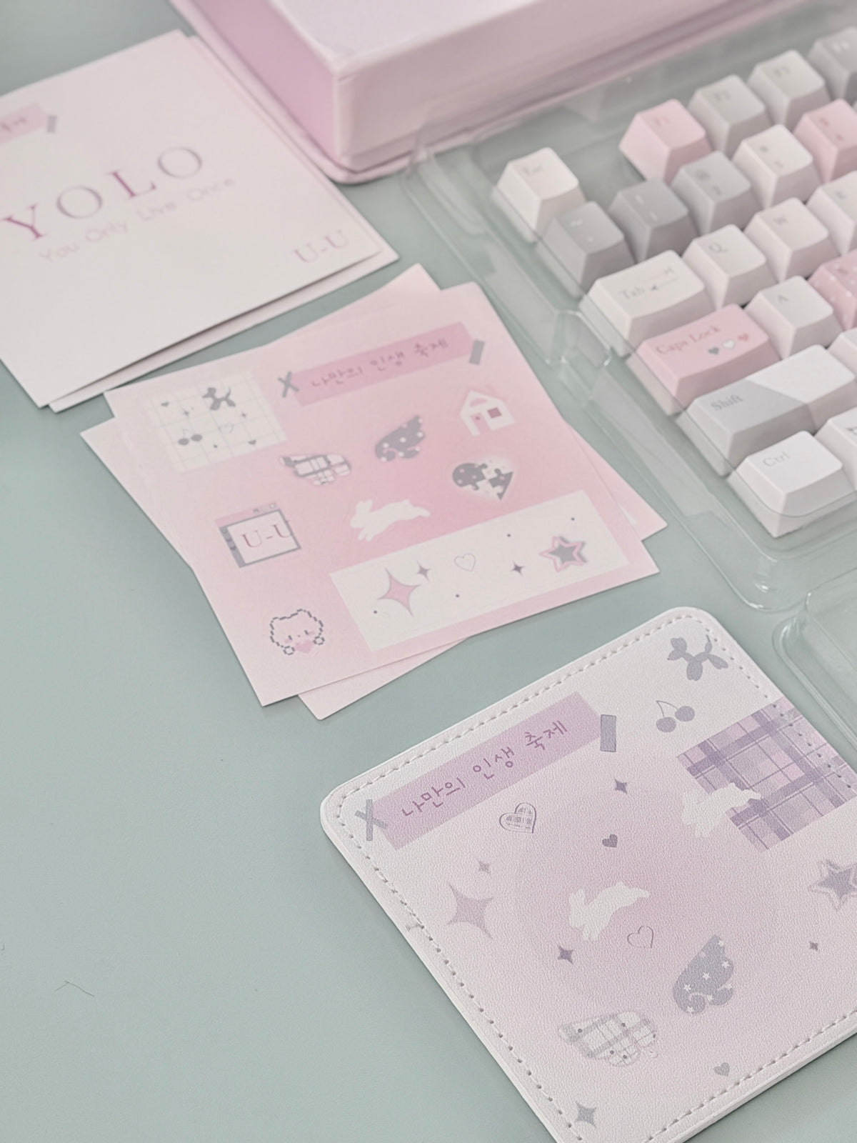#0310 YOLO Pale Pink Light Gray Aesthetic Keycaps Set | Cute Mechanical Keyboard Keycaps