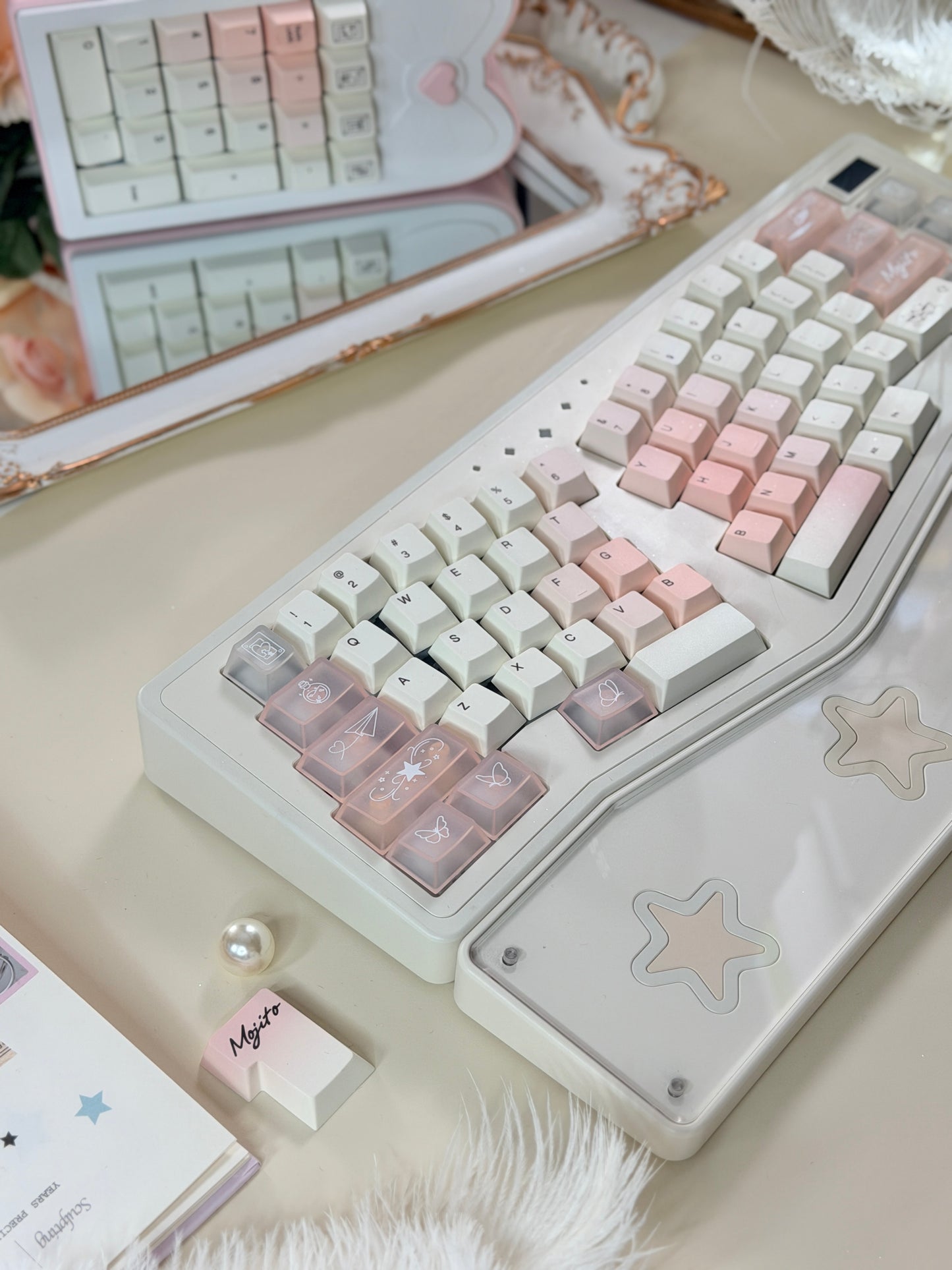 ONLY 1 Instock Prebuilt Aluminum Customized Mechanical Keyboard Staralice Cream White Set With Wristrest & Bow Pad