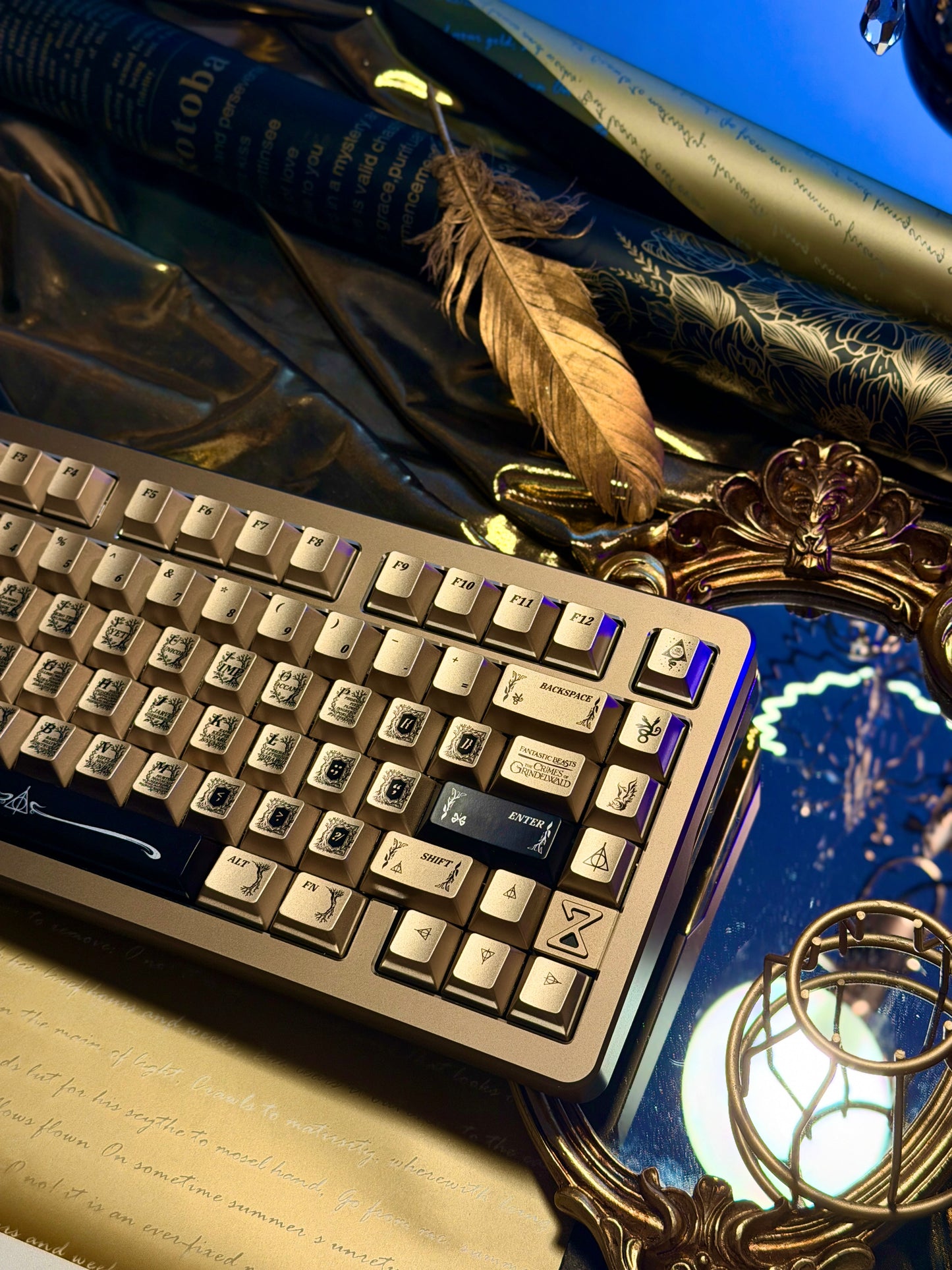 ONLY 1 Instock Prebuilt Aluminum Customized Mechanical Keyboard Buff75 Golden Black + taptempo Fantastic Beasts Medal-Coated Keycaps