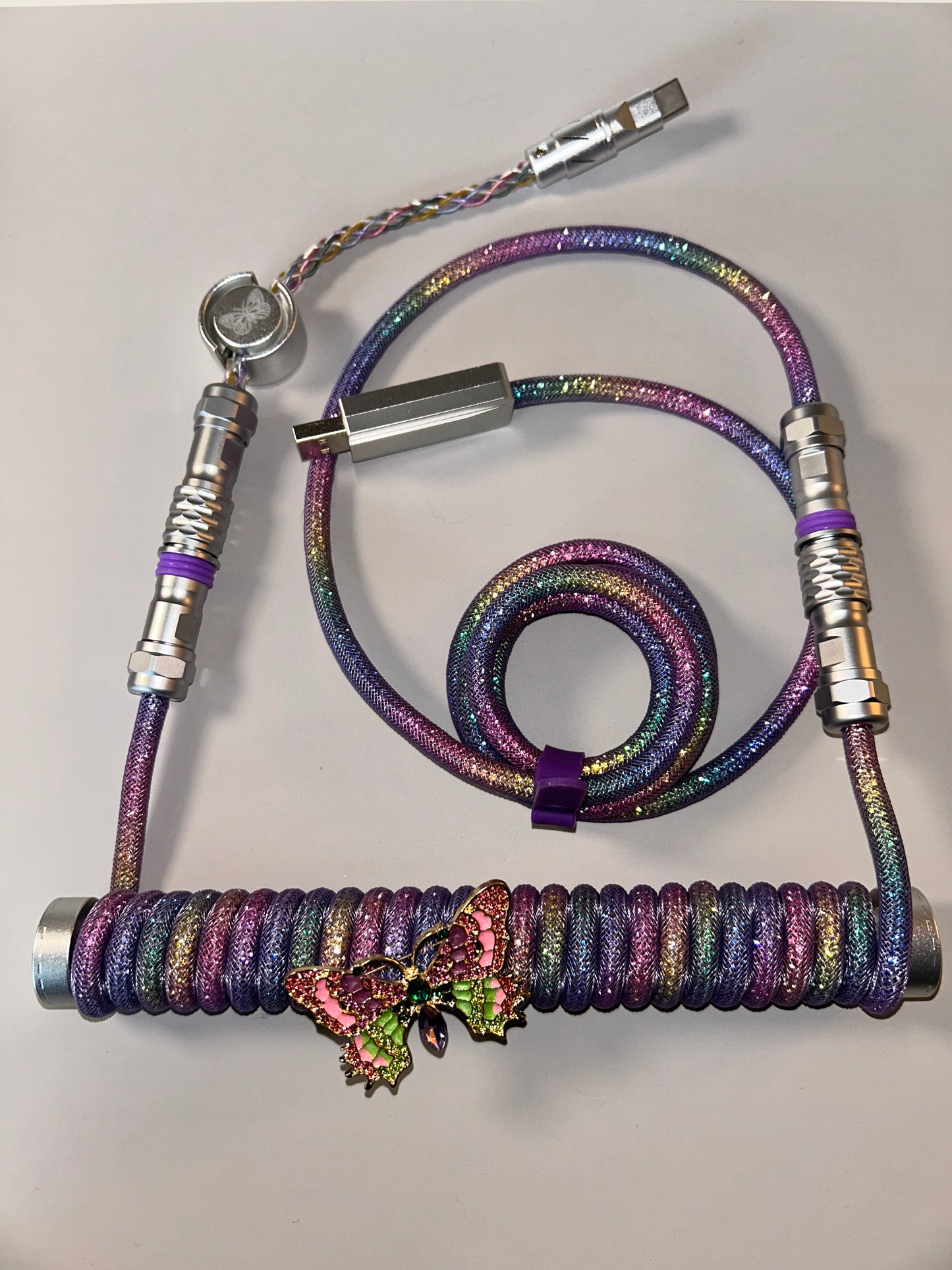 Rainbow Purple Pink Diamond Shiny Dreamy Butterfly Winshop Mechanical Keyboard Coiled Cable Set With Suitcase Shaped Organizer