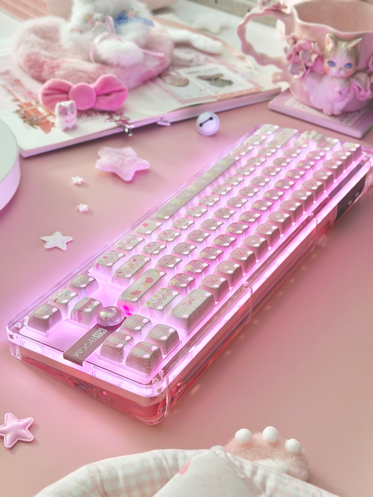 Unboxing Clearance ONLY 1 KiiBOOM Phantom 68 Pink Crystal Gasket-Mounted Mechanical Keyboard & KiiBOOM Pink Meow Keycap Set