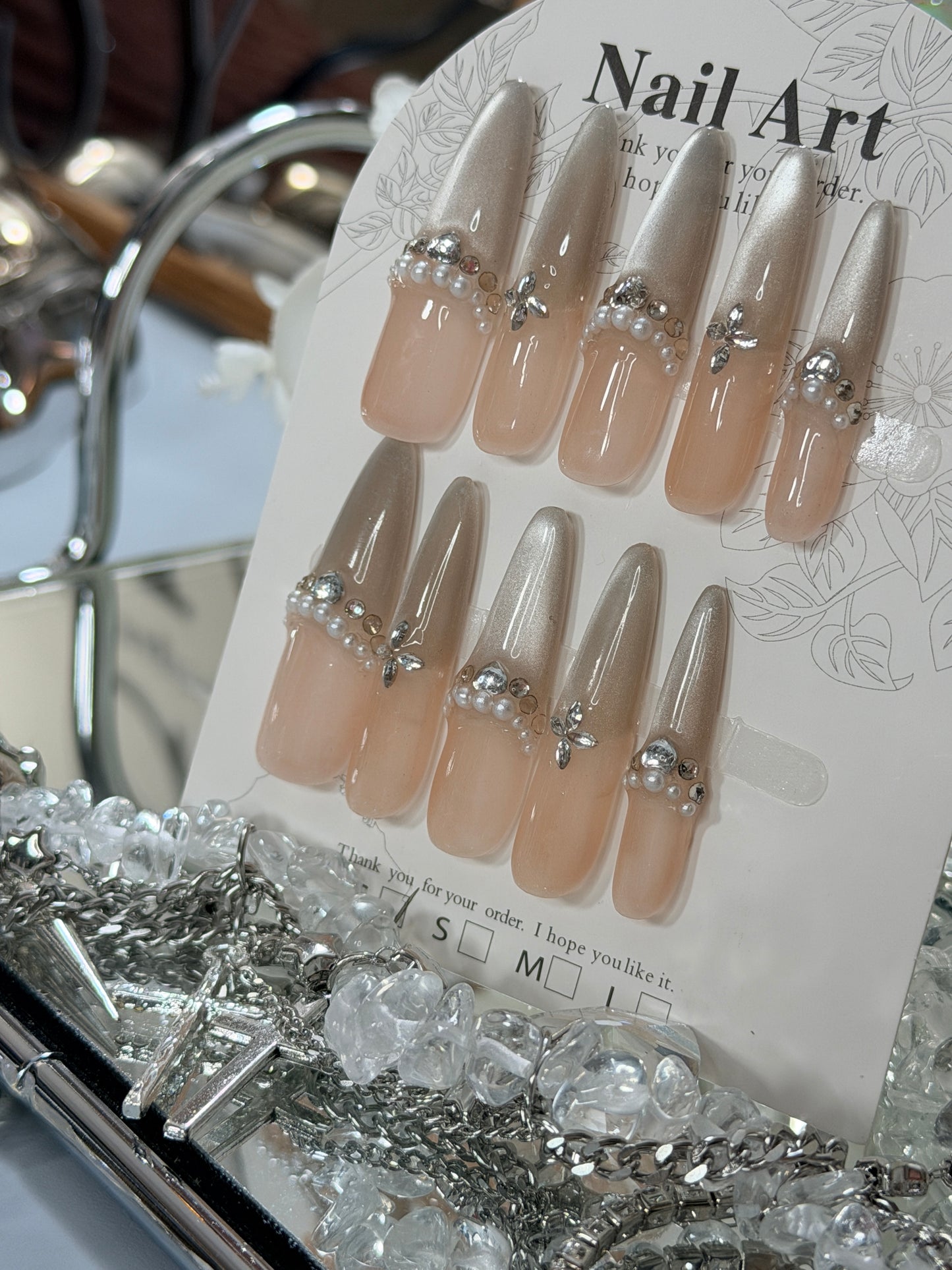 Silver Champagne Press On Nails Shimmering Diamond Pearl Long Stelitto Handmade Nail