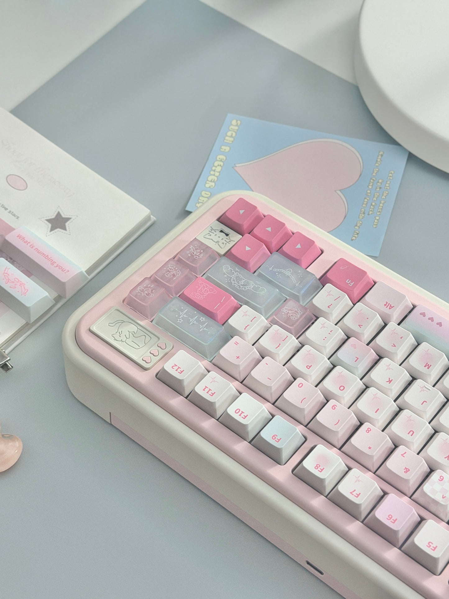 ONLY 1 Instock Creme75 Pale Pink Cream White Prebuilt Custom Aluminum Mechanical Keyboard Set ➕ Cat Pad