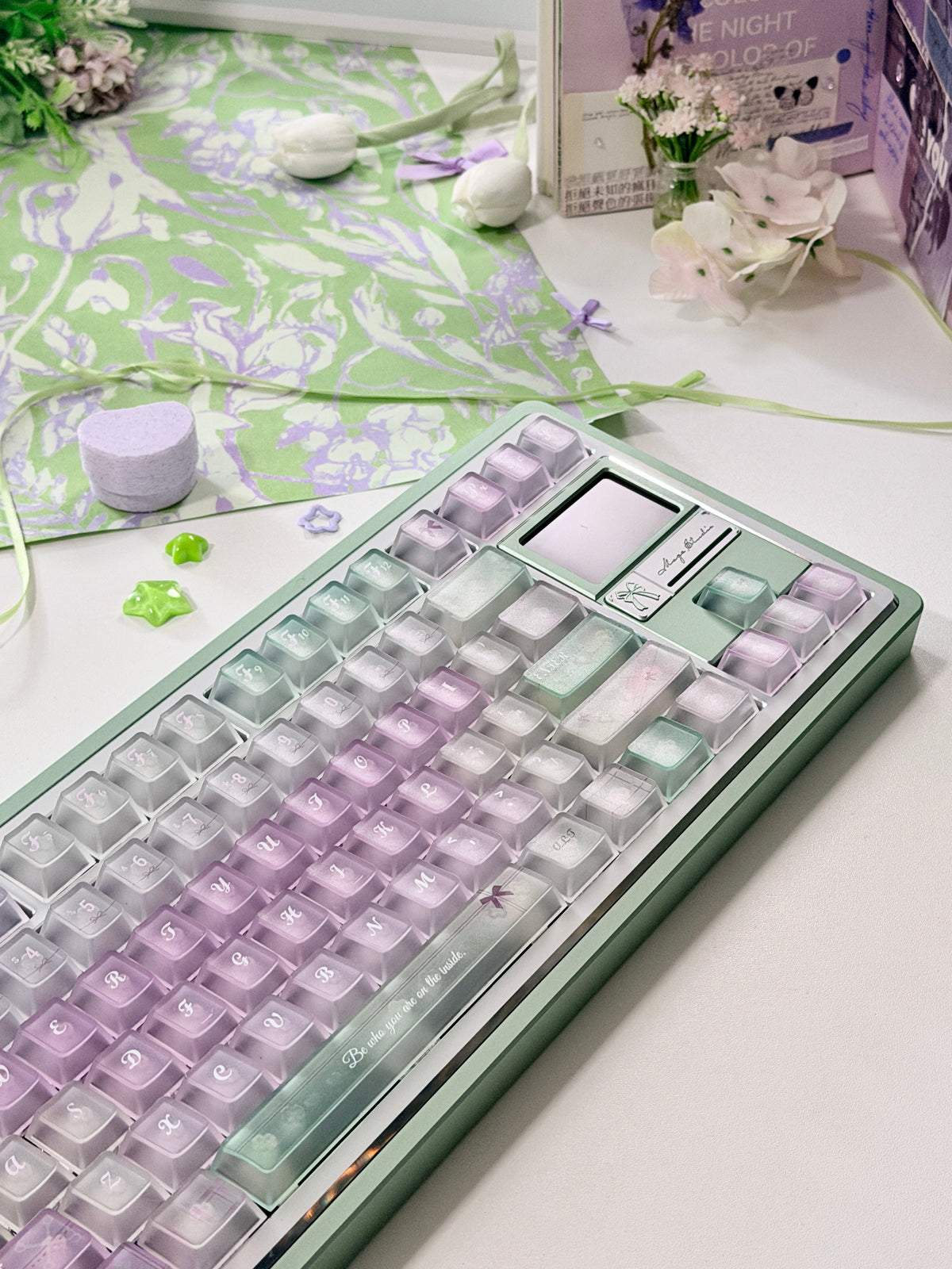 #0318 Lavender Mint Garden Transparent Keycaps Set | Pastel Purple & Sage Green Cute Floral Mechanical Keyboard Keycaps