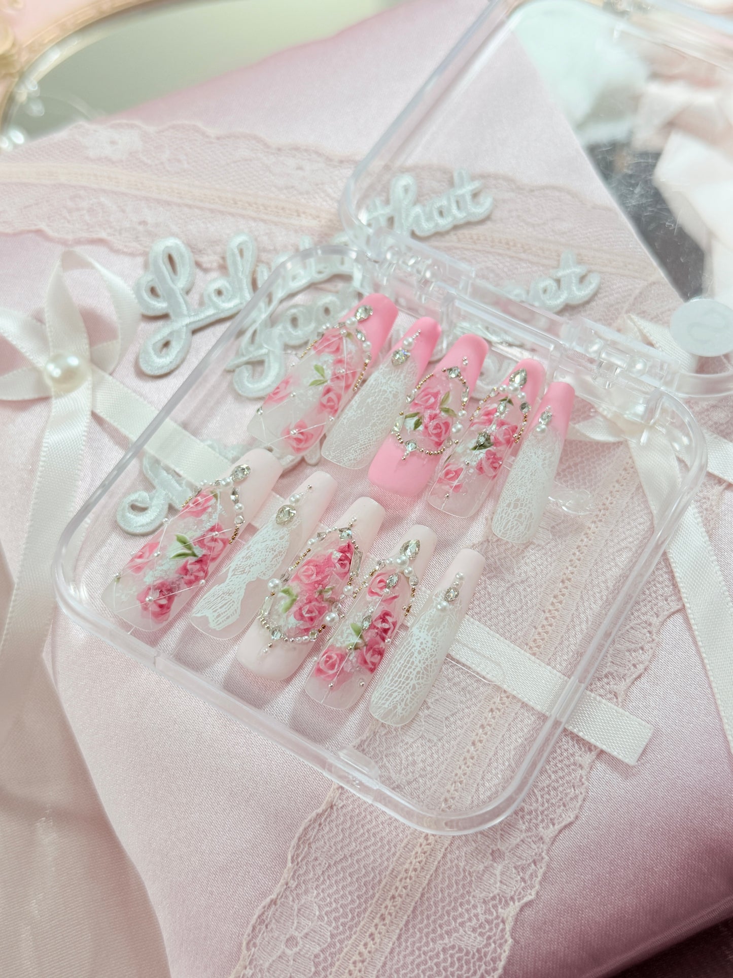 Barbie Pink Lace Flower Matte Finish Press On Nails Long Coffin Handmade With Diamond Pearl Beads