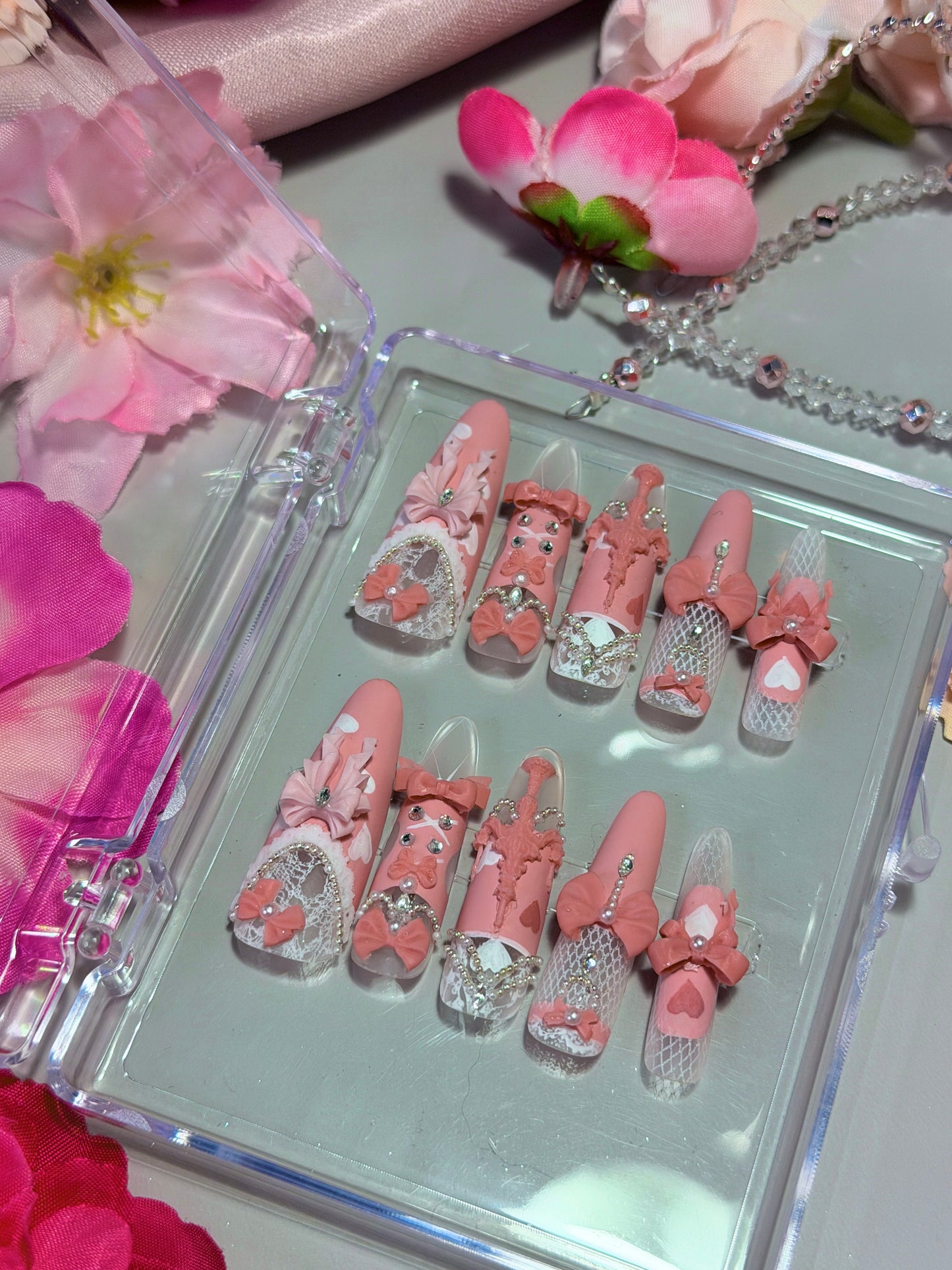 Pink Princess Bow Lace Flower Matte Finish Press On Nails Long Y05 With Pearl Beads Diamond Decor