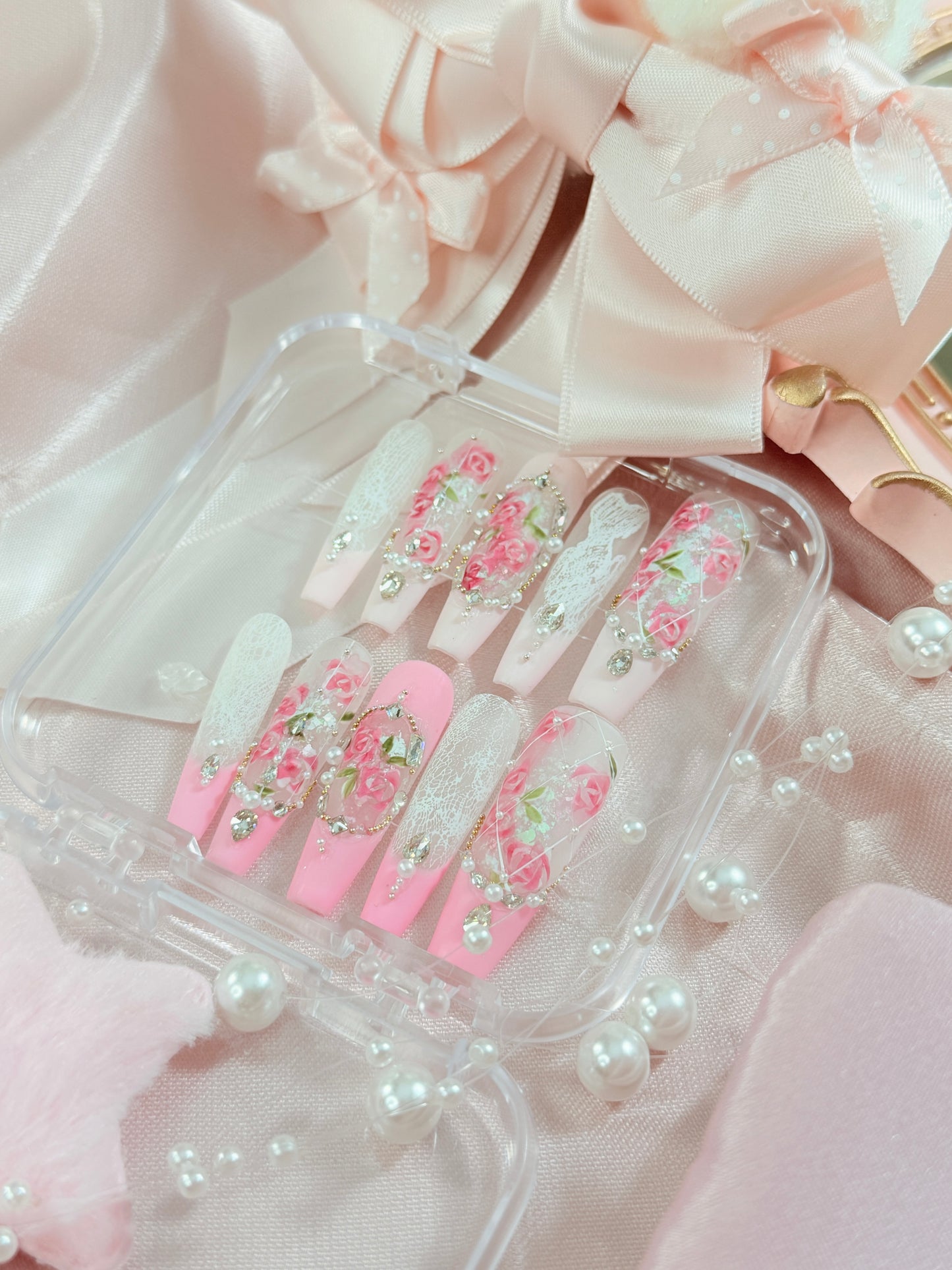 Barbie Pink Lace Flower Matte Finish Press On Nails Long Coffin Handmade With Diamond Pearl Beads