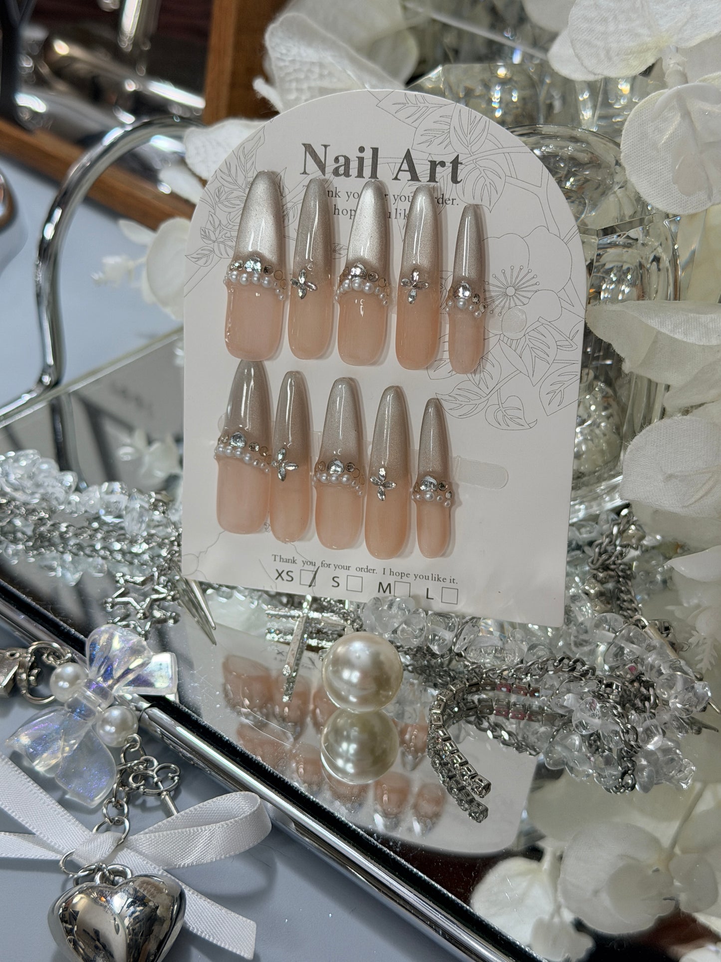 Silver Champagne Press On Nails Shimmering Diamond Pearl Long Stelitto Handmade Nail