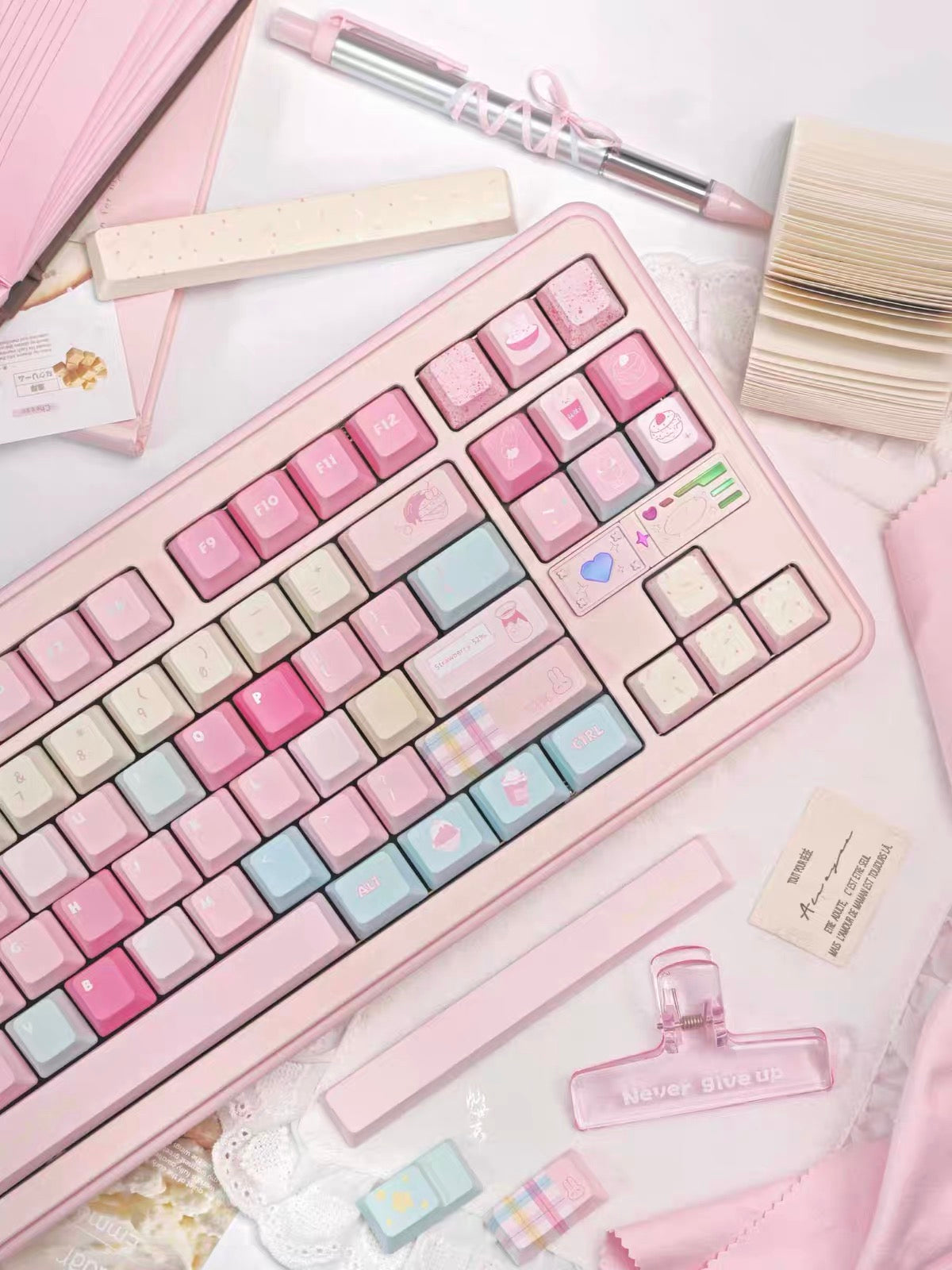 0300 Y2K Sugar Mountain Keycap Set | Pastel Pink, Blue & Cream Retro Keycaps Cherry Profile