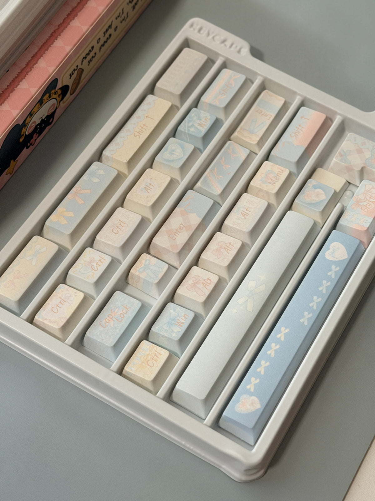 #0303 Aqua Lace Dream Garden Keycaps | Kawaii Pastel Floral & Bow PBT Keycap Set