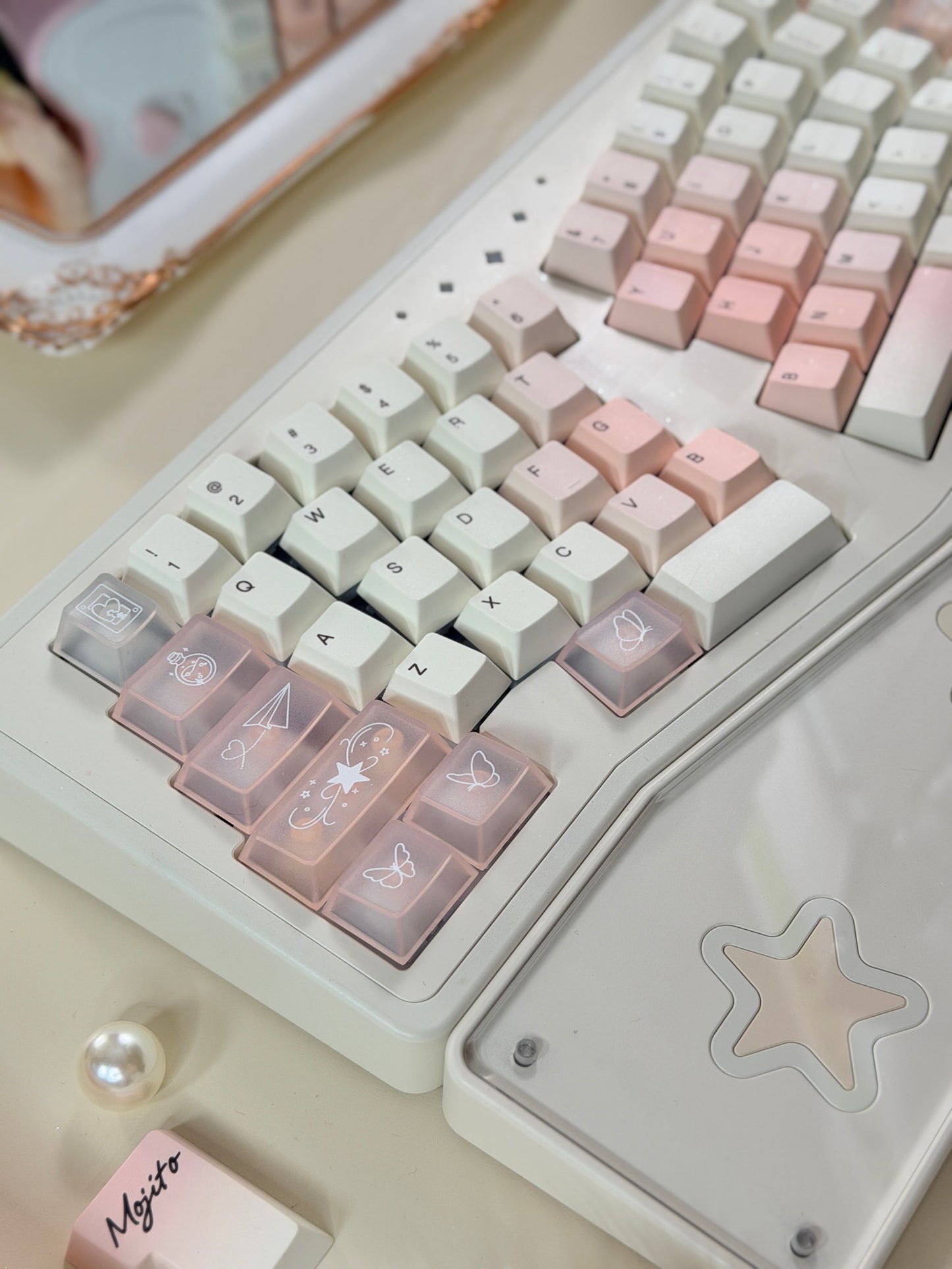 ONLY 1 Instock Prebuilt Aluminum Customized Mechanical Keyboard Staralice Cream White Set With Wristrest & Bow Pad