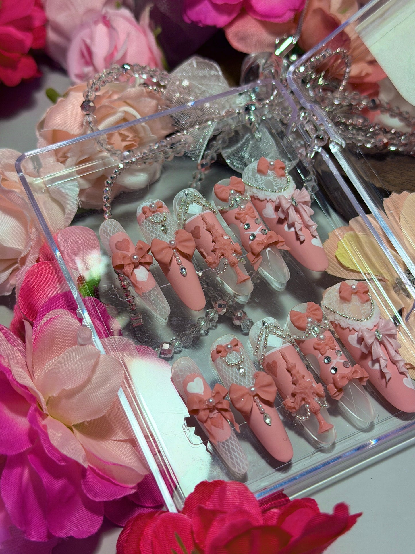 Pink Princess Bow Lace Flower Matte Finish Press On Nails Long Y05 With Pearl Beads Diamond Decor