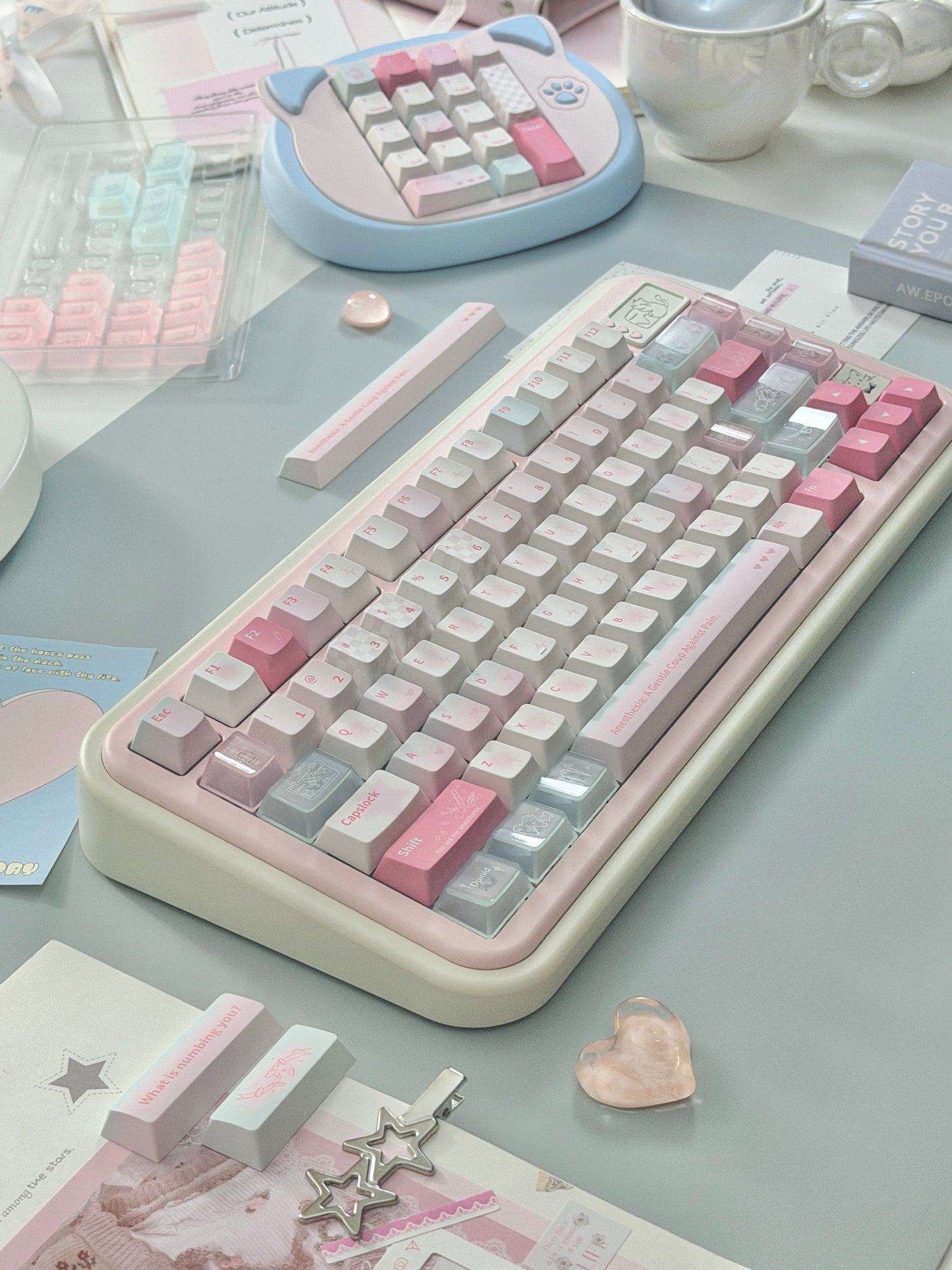 ONLY 1 Instock Creme75 Pale Pink Cream White Prebuilt Custom Aluminum Mechanical Keyboard Set ➕ Cat Pad