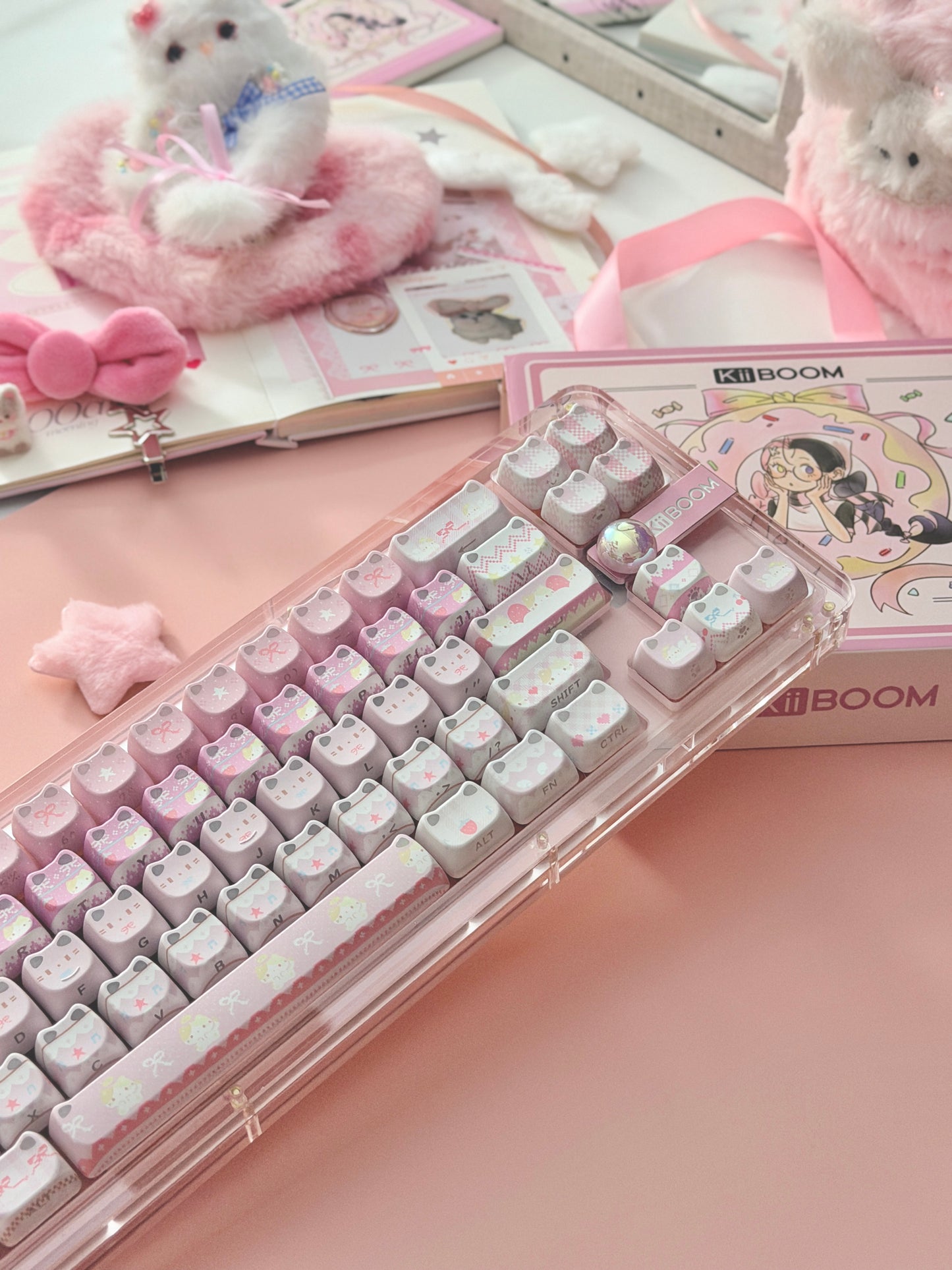 Unboxing Clearance ONLY 1 KiiBOOM Phantom 68 Pink Crystal Gasket-Mounted Mechanical Keyboard & KiiBOOM Pink Meow Keycap Set