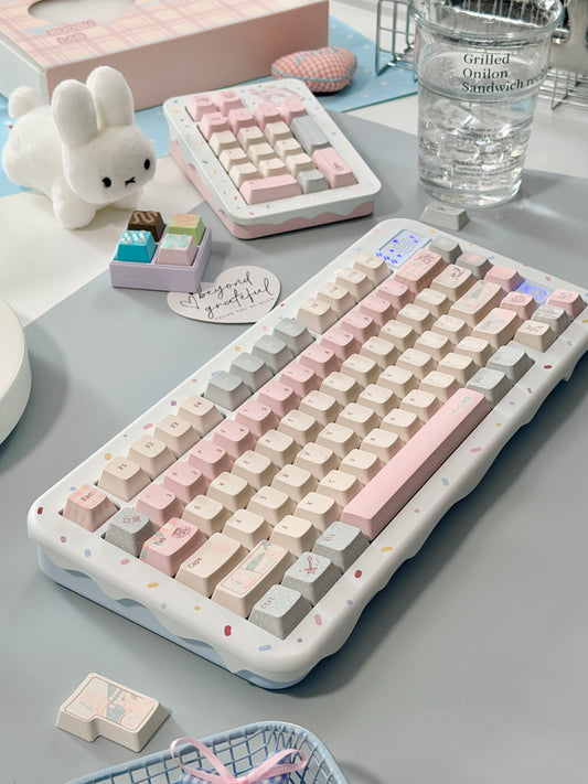 ONLY 1 Instock Prebuilt Aluminum Custom Mechanical Keyboard Cake75 White Pale Blue Sugar Sprinkle Set & Pad