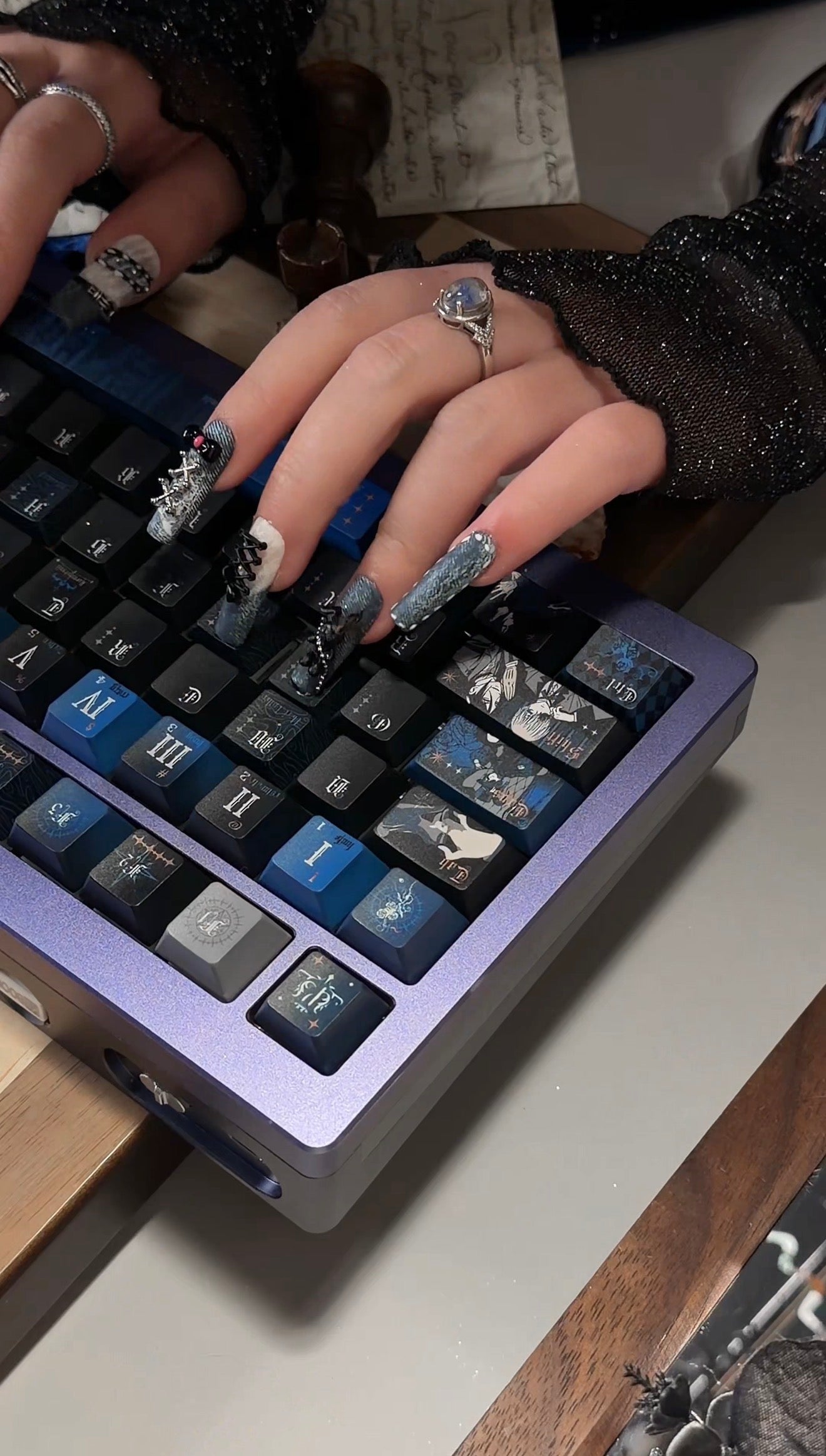 Punk Bunny 3D Lace Strap Denim Jeans Pattern Press On Nails Long Pipe Handmade Paint