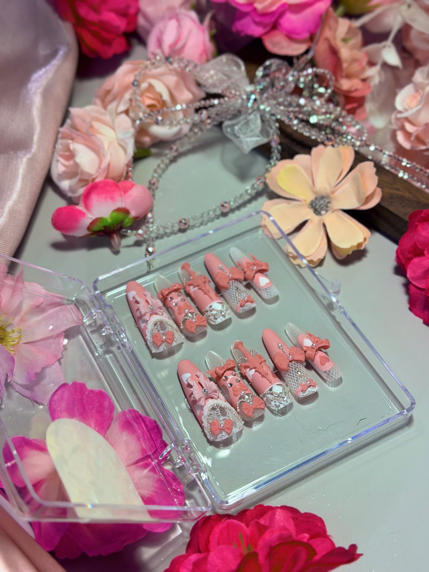 Pink Princess Bow Lace Flower Matte Finish Press On Nails Long Y05 With Pearl Beads Diamond Decor