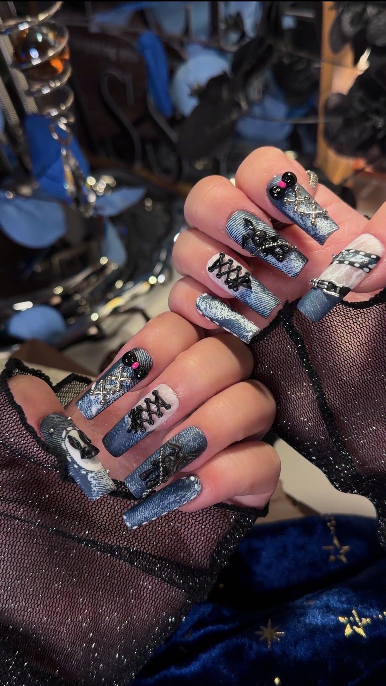 Punk Bunny 3D Lace Strap Denim Jeans Pattern Press On Nails Long Pipe Handmade Paint