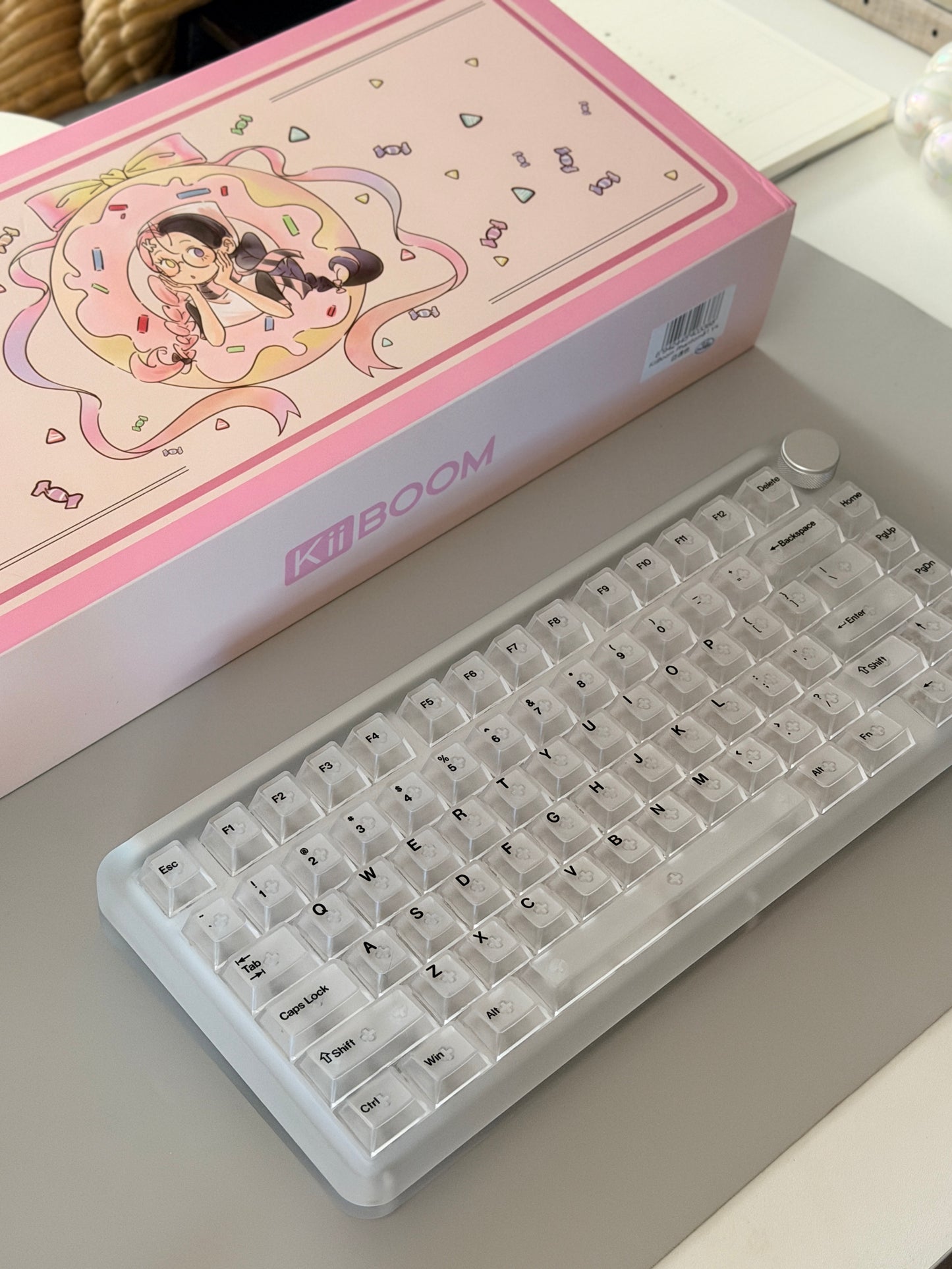 Unboxing Sample For Sale ONLY 1 Instock KiiBOOM Phantom 64 Clear Crystal Acrylic Keyboard + custom Peach Pink Keycaps