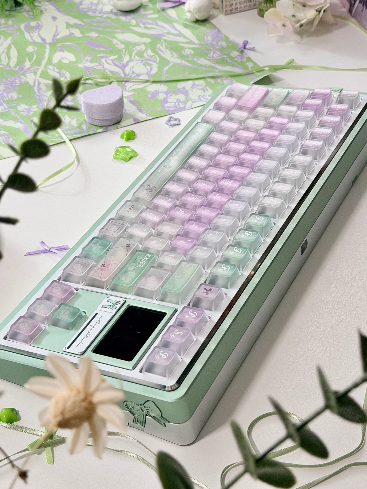 #0318 Lavender Mint Garden Transparent Keycaps Set | Pastel Purple & Sage Green Cute Floral Mechanical Keyboard Keycaps