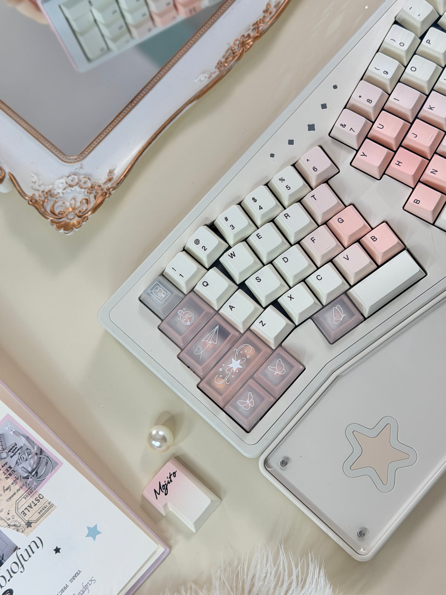 ONLY 1 Instock Prebuilt Aluminum Customized Mechanical Keyboard Staralice Cream White Set With Wristrest & Bow Pad