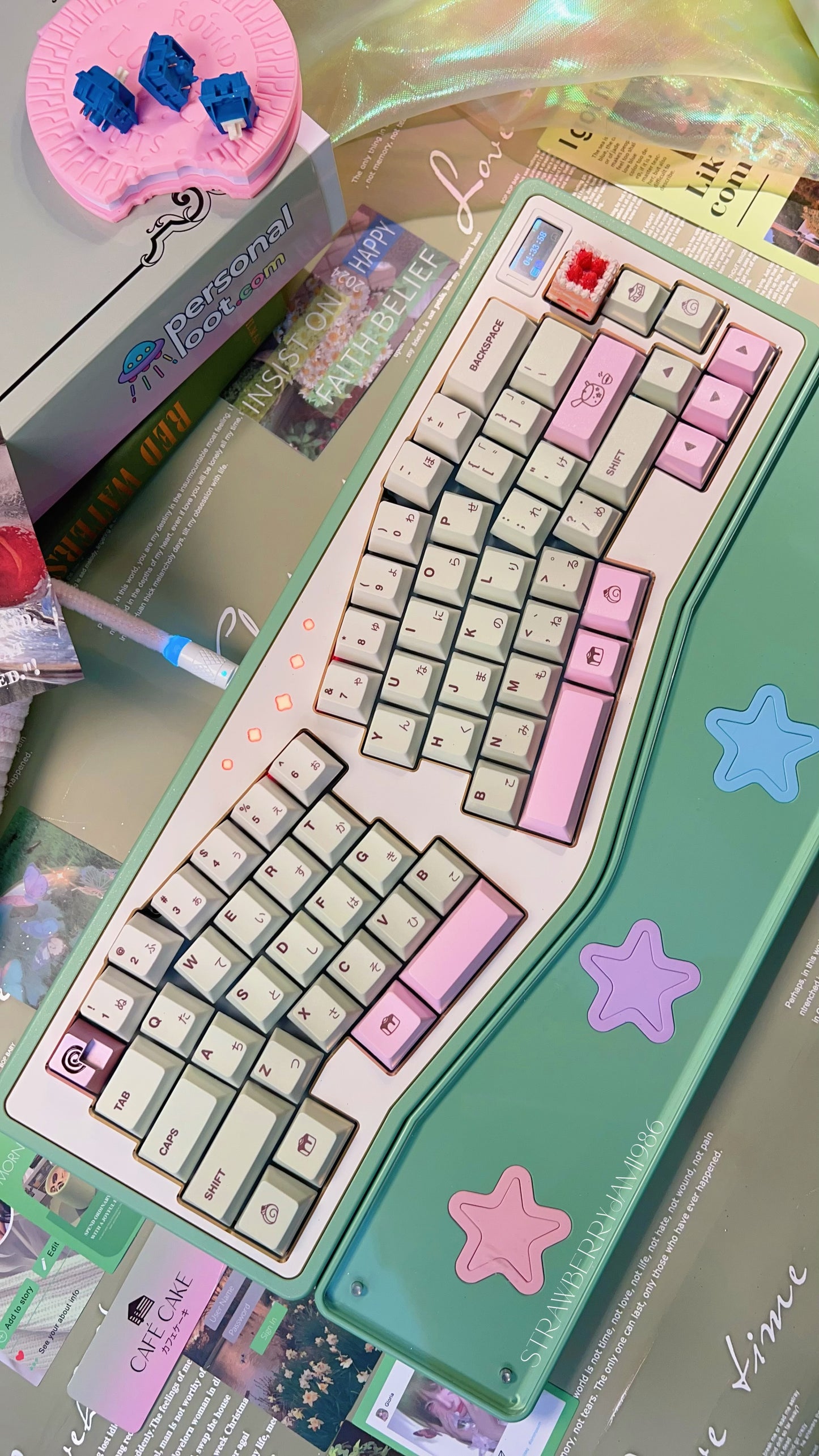 【Only 1 In-stock】Prebuilt StarAlice Ergonomic Green Pink Aluminum Customized Mechanical Keyboard with Wrist rest