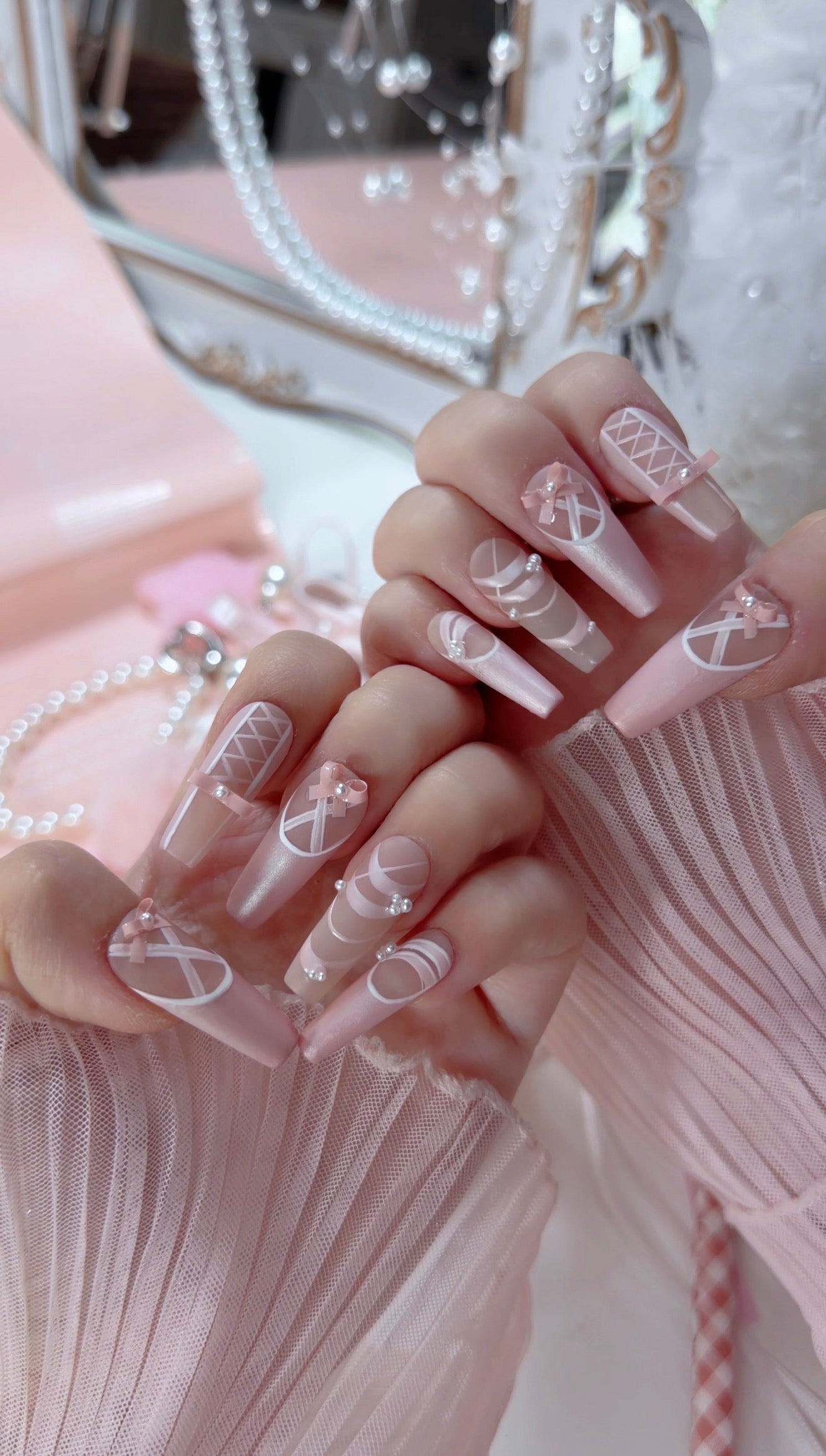 Pearl Pink Ballet Lace Bow Pattern Press On Nails Long Coffin