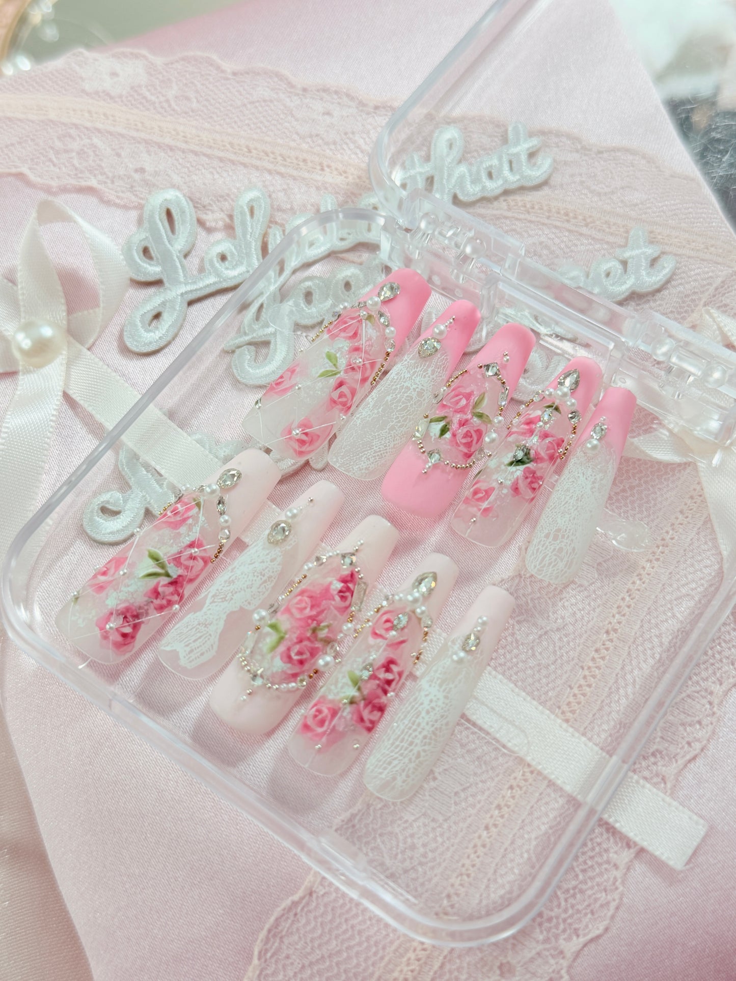 Barbie Pink Lace Flower Matte Finish Press On Nails Long Coffin Handmade With Diamond Pearl Beads