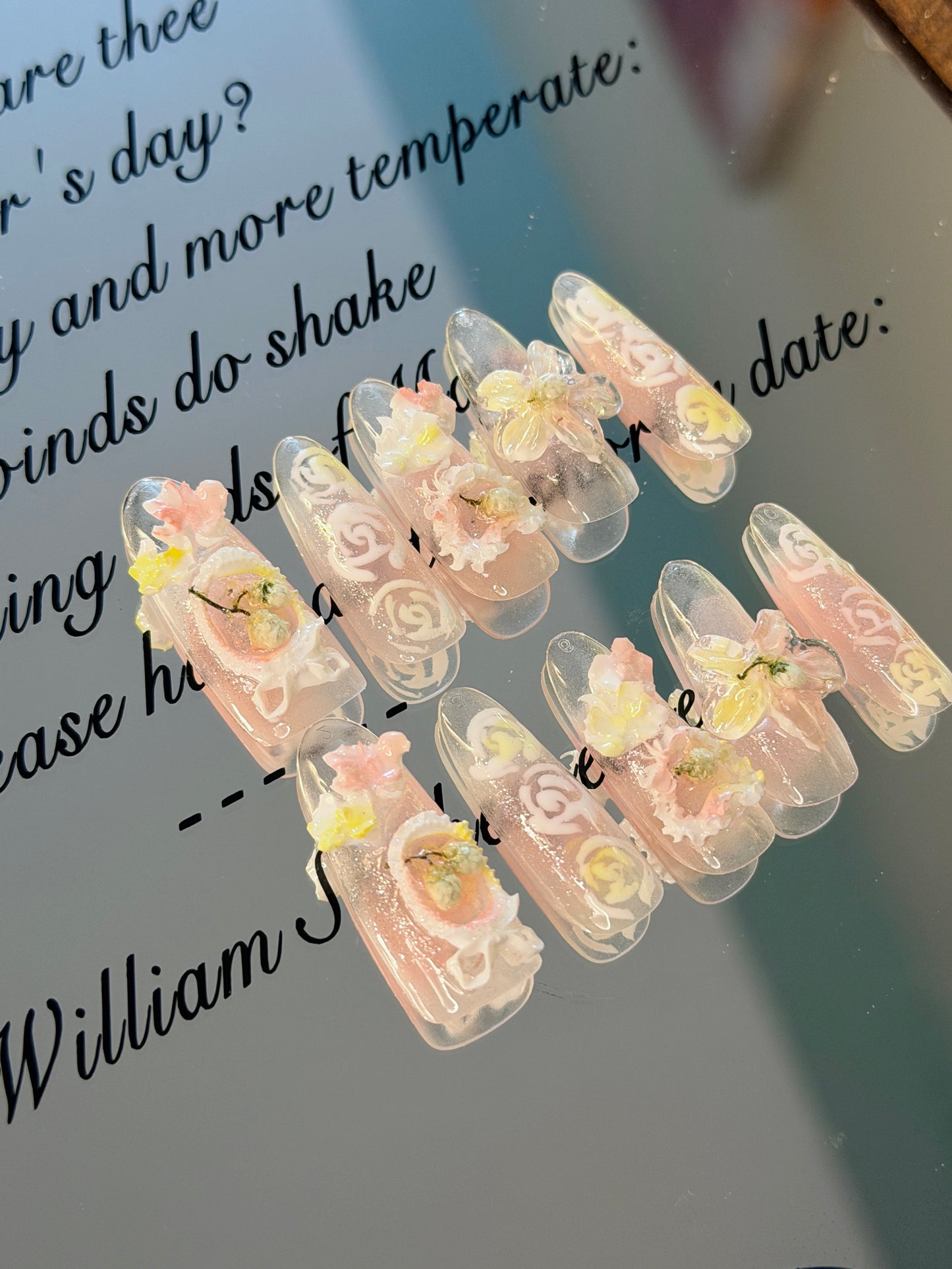 ONLY 1 Left Handmade False Nails Green Pink Oval Fairy Forest 3D Flower Rococo Style Press On Nails（#884）