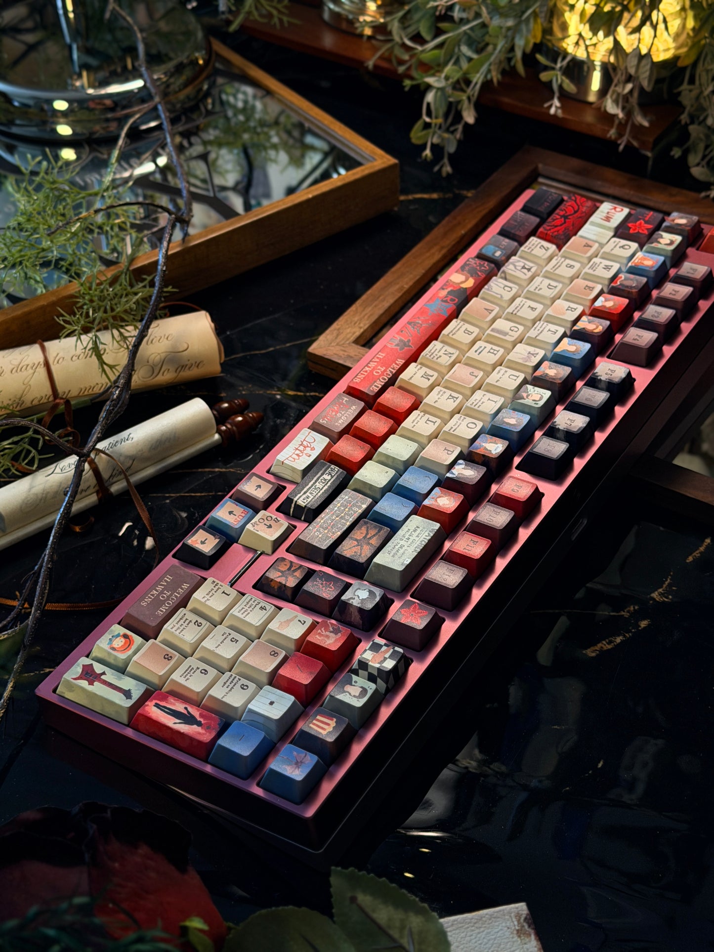 ONLY 1 Instock Prebuilt Neo98 Anodized Dusty Rose Mechanical Custom Keyboard + stranger things Keycaps
