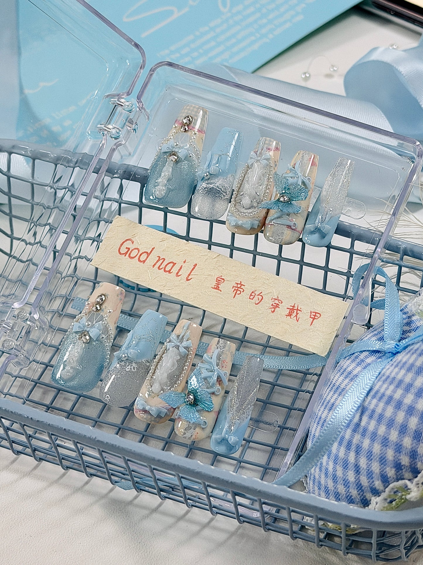 Blue Magnetic Butterfly Lace Press On Nails Long Coffin Pearl Beads Angel