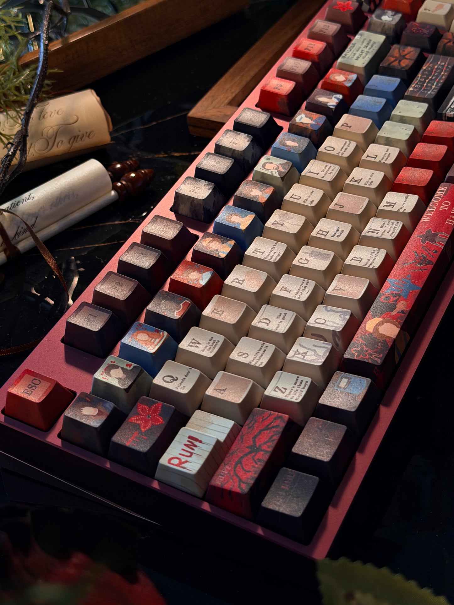 ONLY 1 Instock Prebuilt Neo98 Anodized Dusty Rose Mechanical Custom Keyboard + stranger things Keycaps