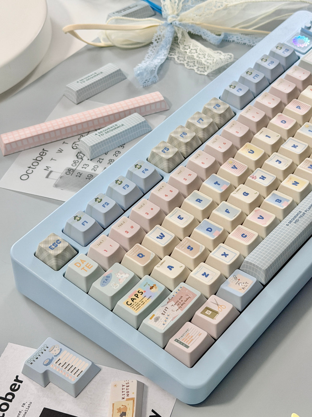 #0309 Love Journal Pastel Blue Creamy Aesthetic Keycaps Set | Cute Diary Theme Mechanical Keyboard Keycaps | Kawaii Office & Study Desk