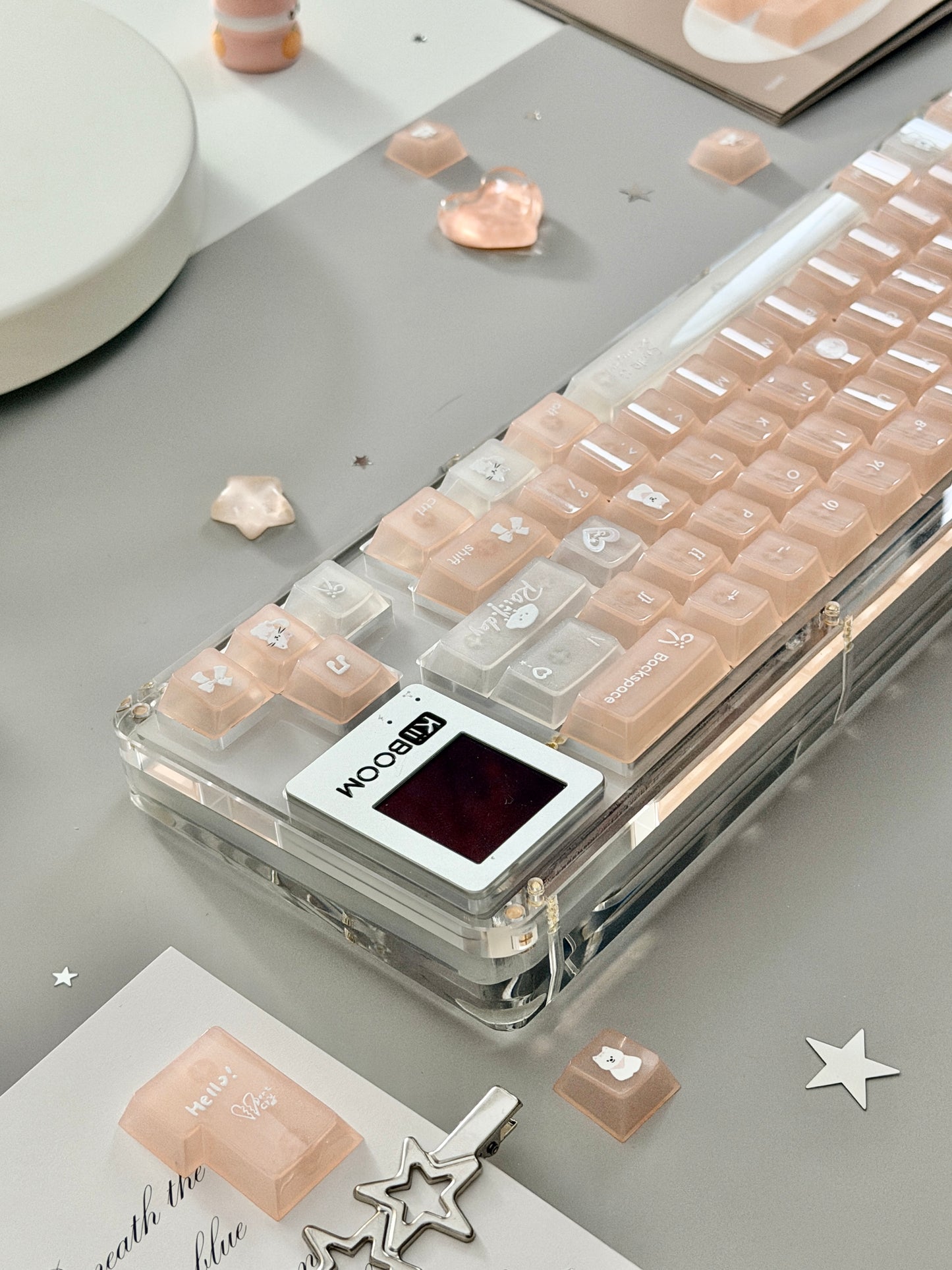 Unboxing Sample For Sale ONLY 1 Instock KiiBOOM Phantom 64 Clear Crystal Acrylic Keyboard + custom Peach Pink Keycaps