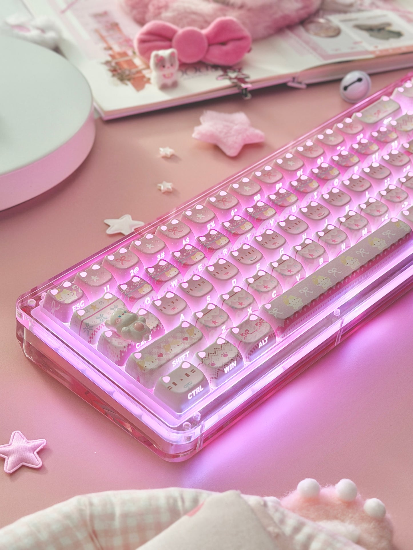 Unboxing Clearance ONLY 1 KiiBOOM Phantom 68 Pink Crystal Gasket-Mounted Mechanical Keyboard & KiiBOOM Pink Meow Keycap Set
