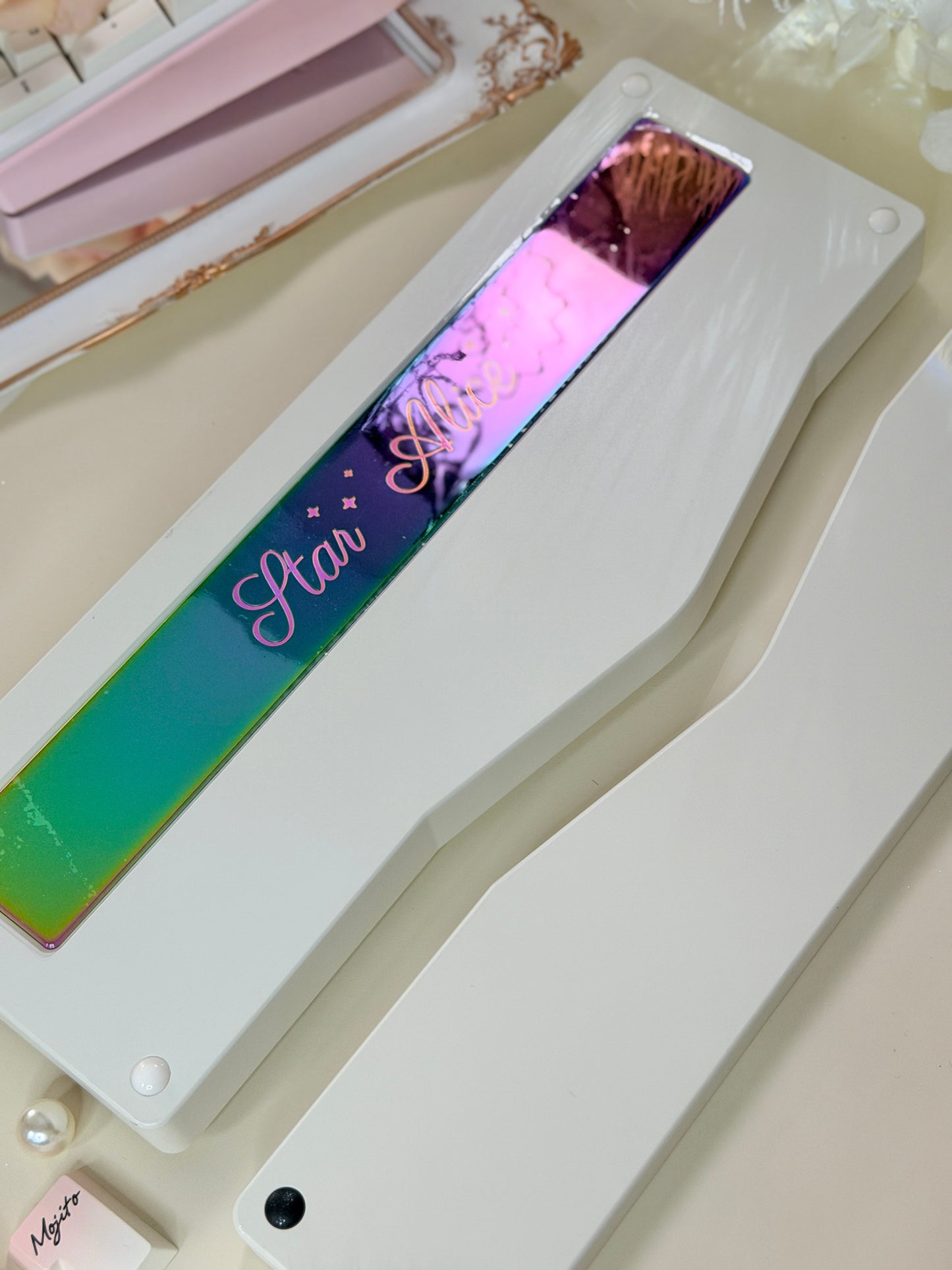 ONLY 1 Instock Prebuilt Aluminum Customized Mechanical Keyboard Staralice Cream White Set With Wristrest & Bow Pad