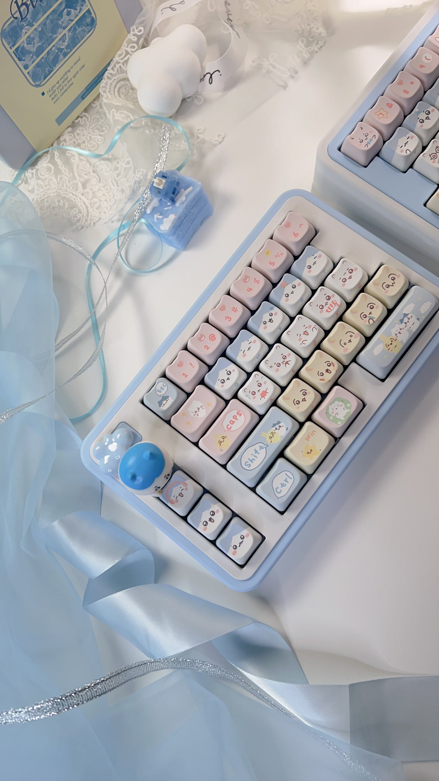 113 Chikawa Pastel Blue Pink Yellow Cute Kitten Head Keycap