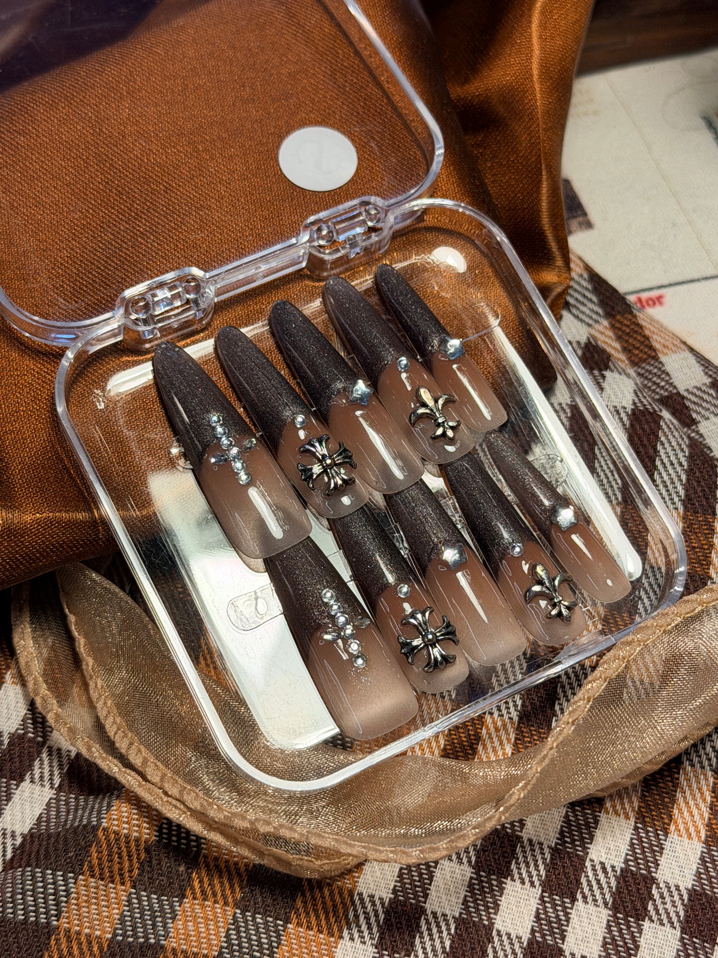 ONLY 1 Instock Designer False Nails Chrome Hearts Smoky Coffee Fine Shimmer French Style Long Press-On Nails(#889）